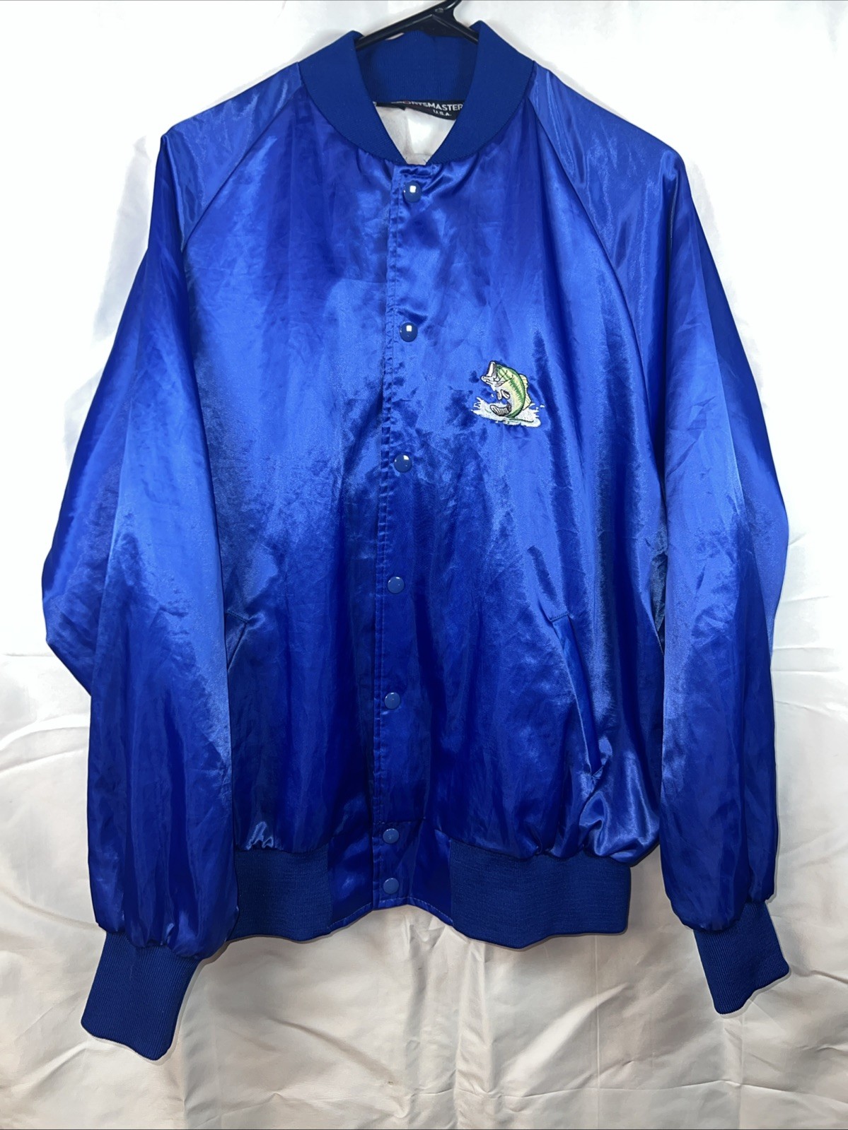 Vintage Blue Sports Master Souvenir Fishing Bass Nylon Bomber Jacket Sz. XL USA