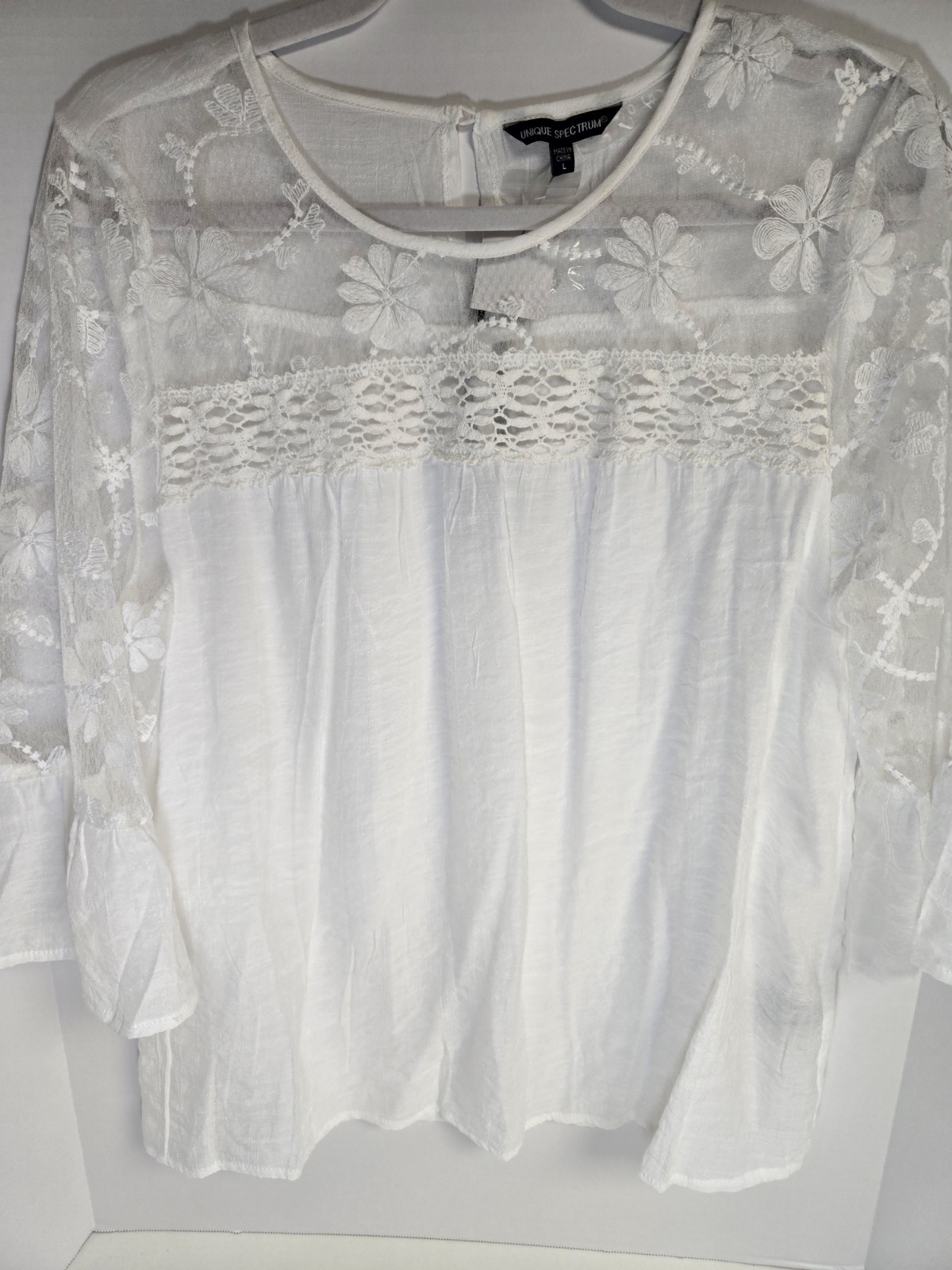 Unique Spectrum White Boho Blouse Top Sz L Womens