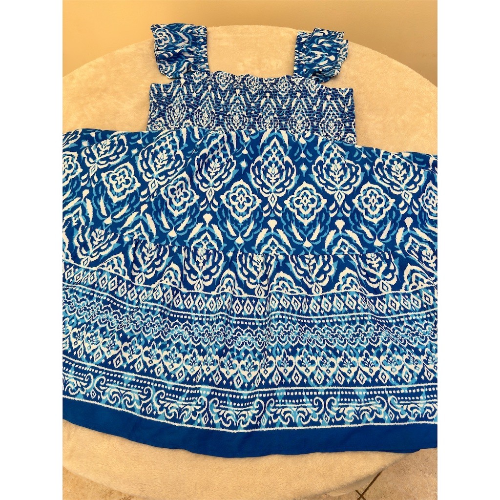 MIXIT Maxi Dress Womens 2XL Blue & White Ikat Smocked Flutter Sleeve NEW!