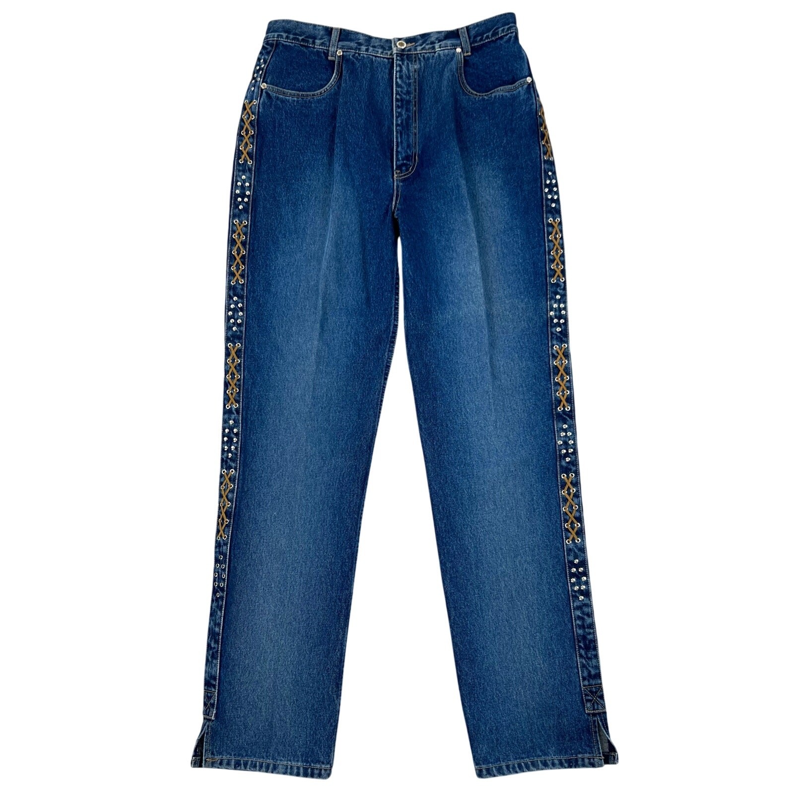 Vintage Lawman Western Bareback Studded Criss Cross Leather Denim Jeans (Sz 36)