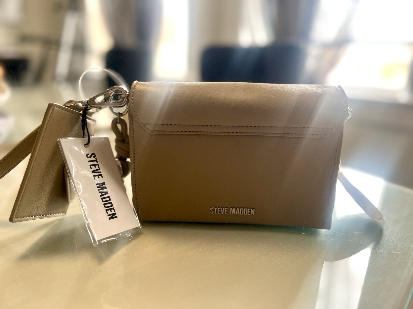 Steve Madden Beige Shoulder Bag with Turn Lock, Buckle Accent, Detachable Strap