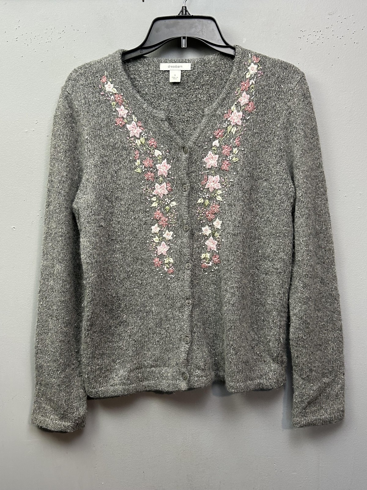 Dressbarn Cardigan Sweater Womens Small Gray Floral Embroidered Beaded Angora