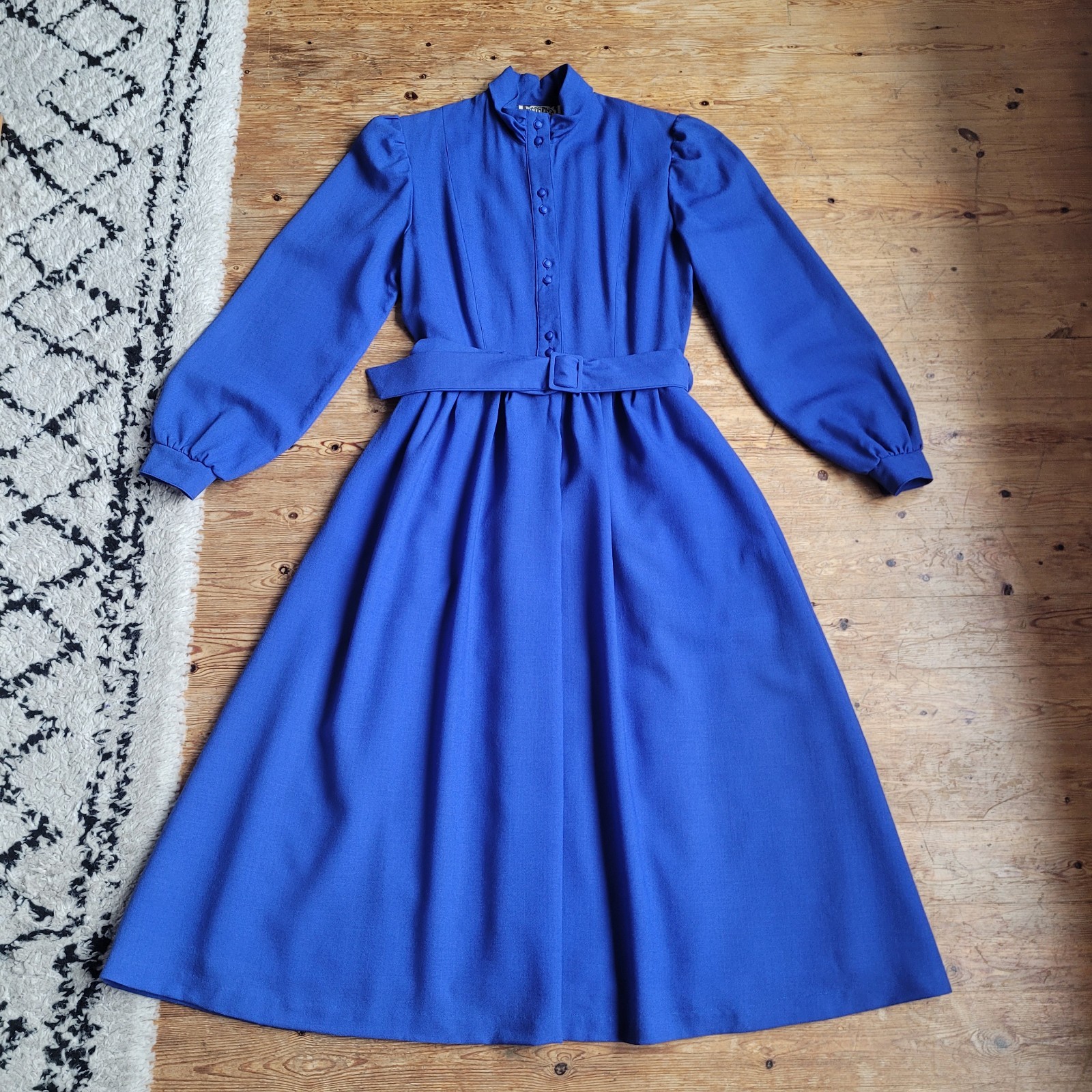 Marion Donaldson Vintage Deep Blue Wool Midi Dress Belted Pockets 10 12 Uk