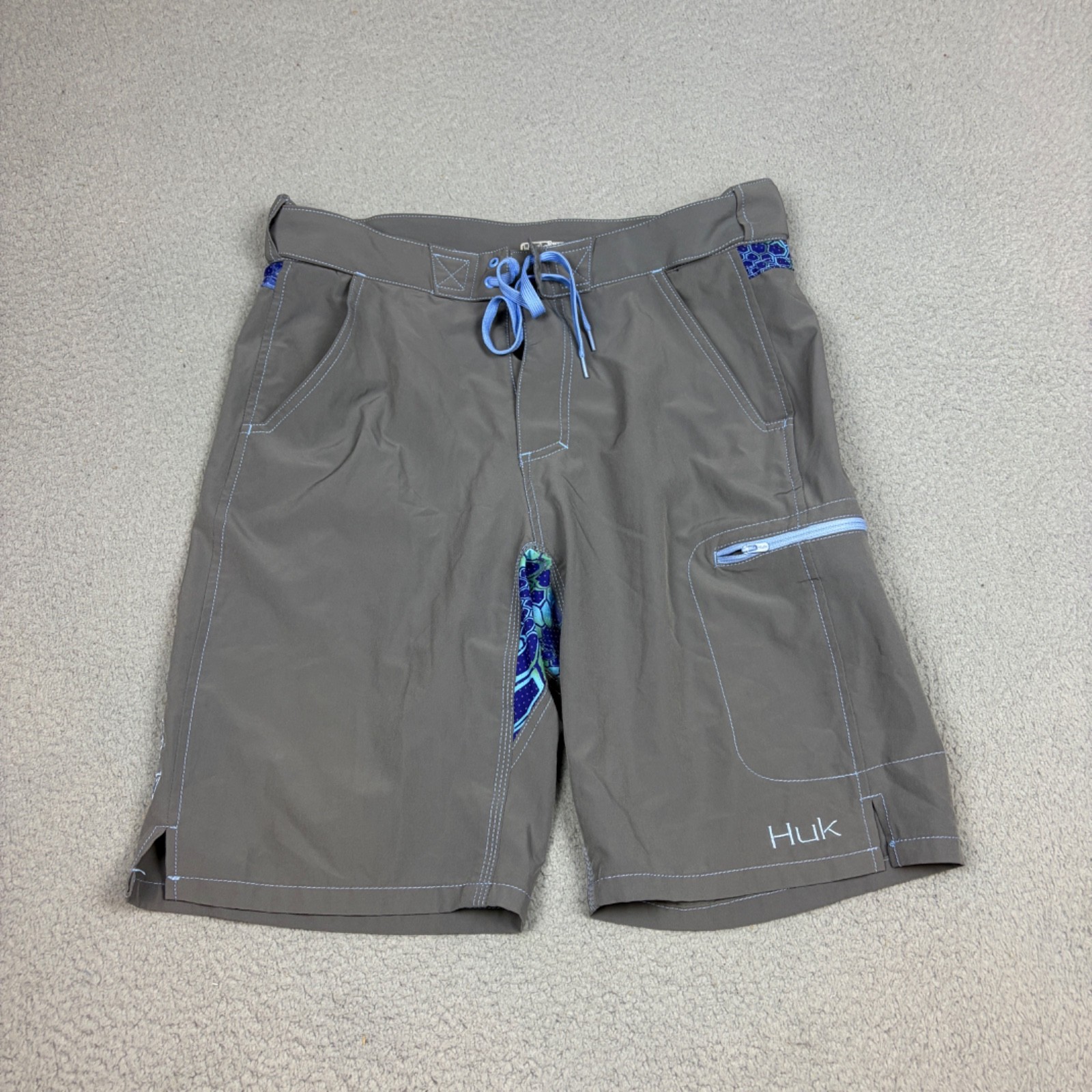 Huk Fishing Board Shorts Mens Medium Gray Stretch Swim Beach Drawsting