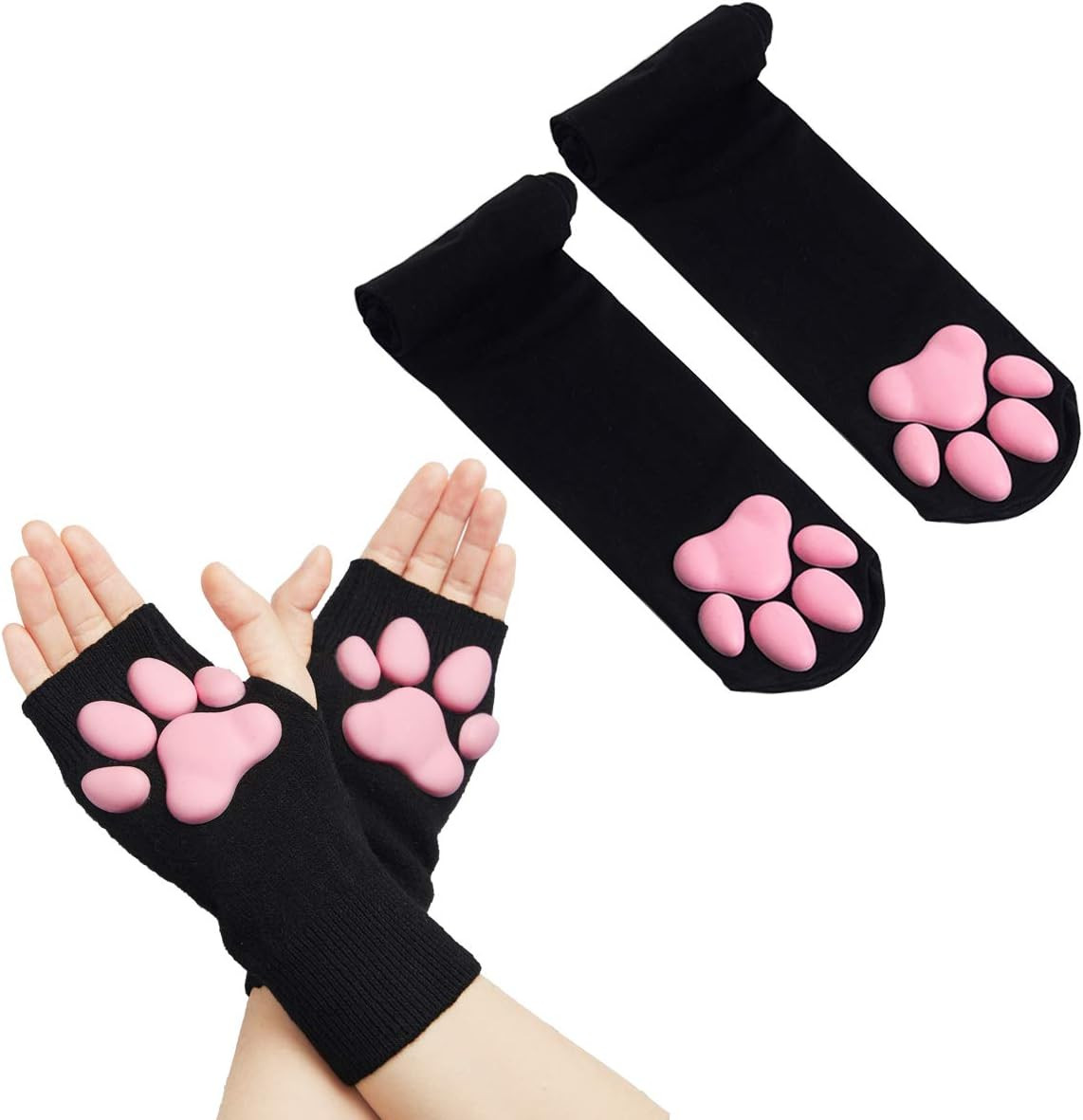 Cat Paw Thigh High Socks Golves, Cute Soft 3D Toe Beans Socks Mittens Kitten Cla