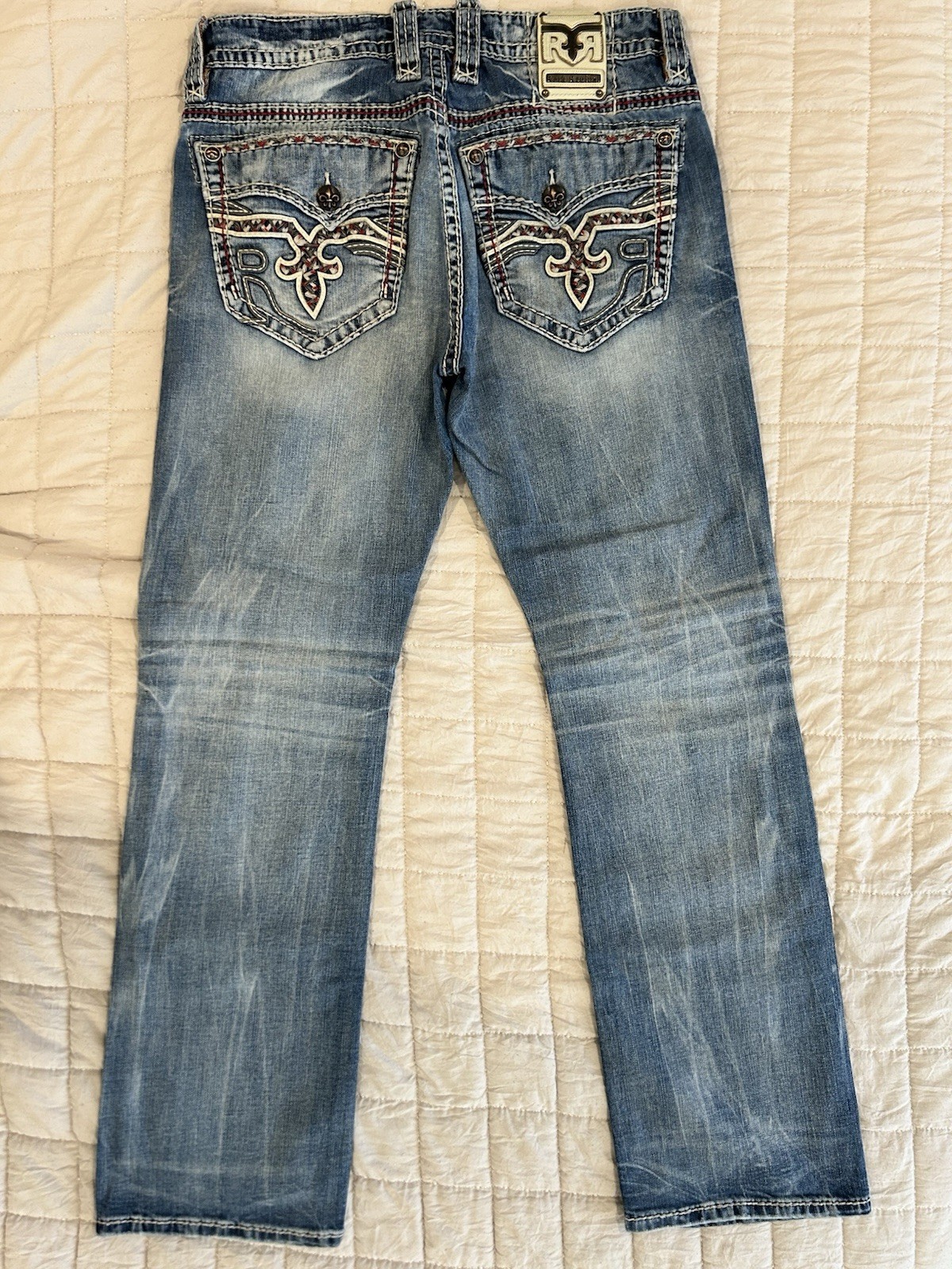 Rock Revival Men’s Blue Medium Wash Straight Fit Distressed Denim Jeans 5-Pocket