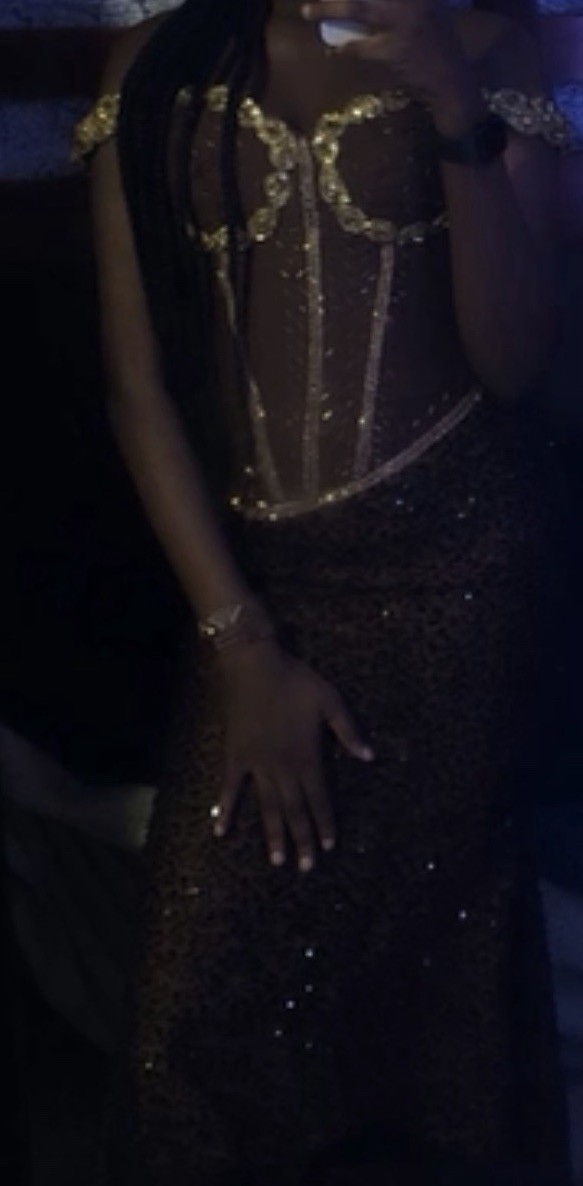 Women’s Brown/Gold Beaded Sequin Mesh Corset Sweetheart Long Gown Size S/M