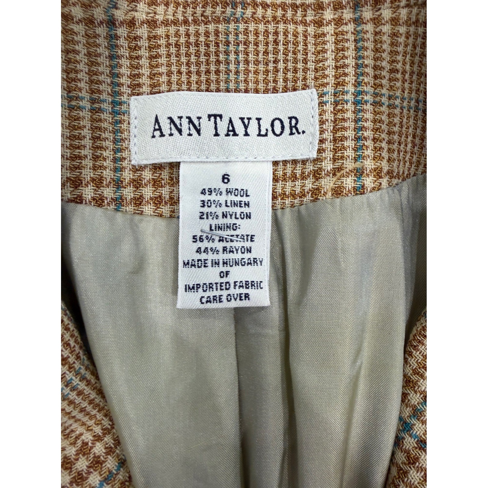 Ann Taylor Plaid Blazer Size 6 Wool Linen Blend