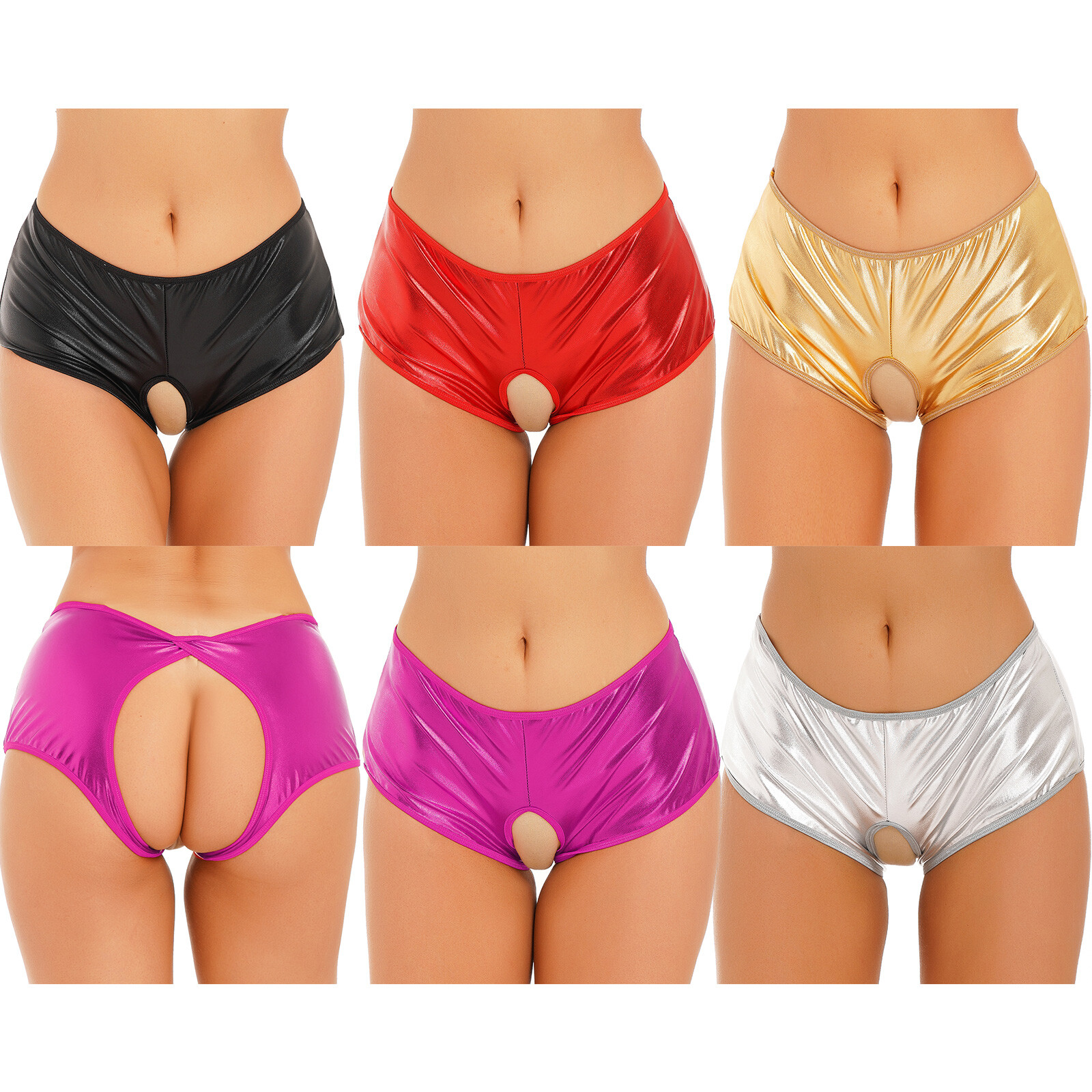 Womens Underwear Wet-look Shiny Crotch-less Low Rise Brief Panties Hot Pants
