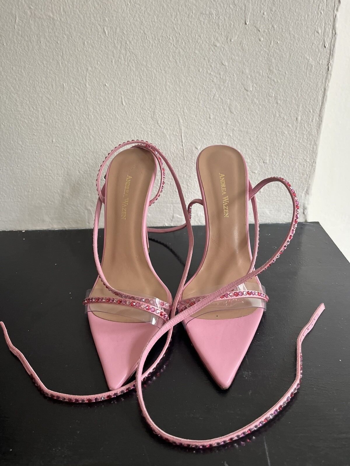 Andrea Wazen Dassy Crystal Pink Leather Heeled Satin Sandals Size 39