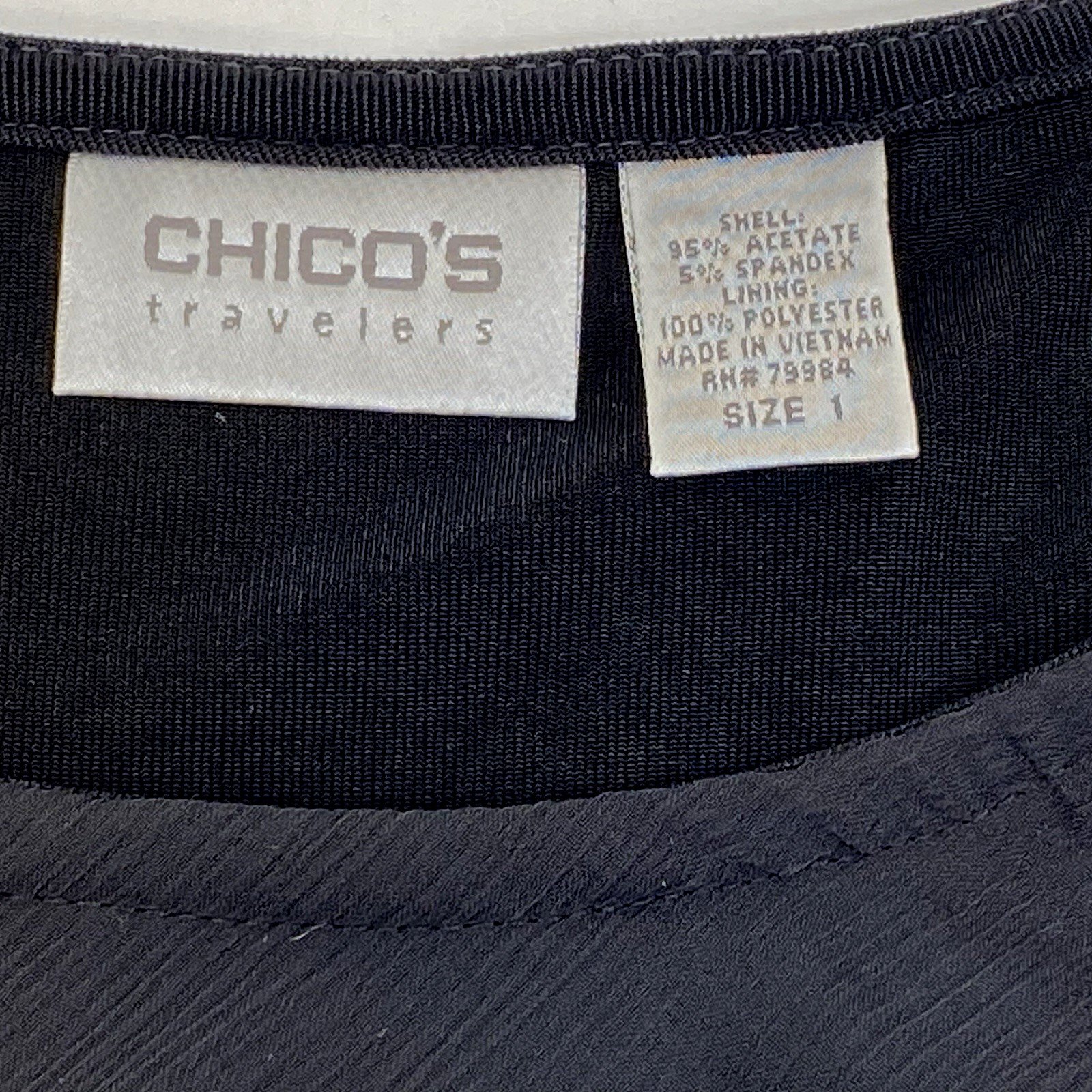 Chicos Travelers Size 1 Top Black Chiffon Layer Ruffle Front Scoop Neck Women M