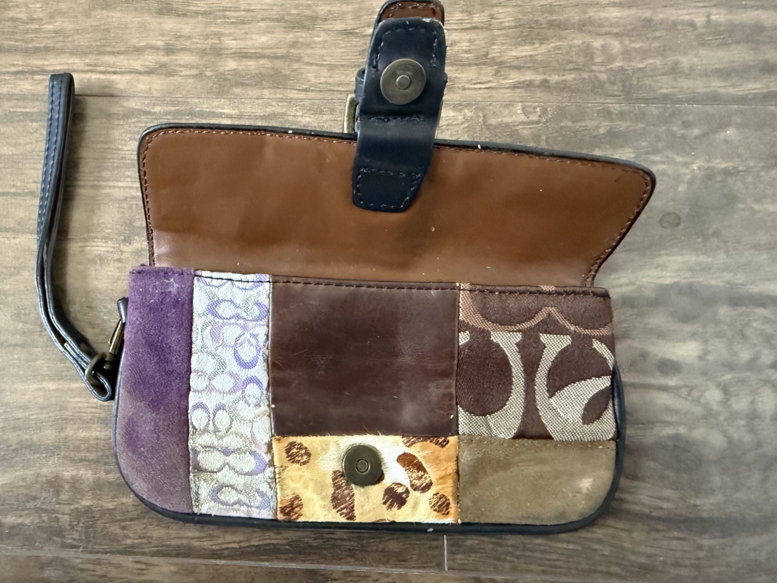 Coach Patchwork Signature Logo Zip Wristlet Wallet, Brown Purple Beige Gold