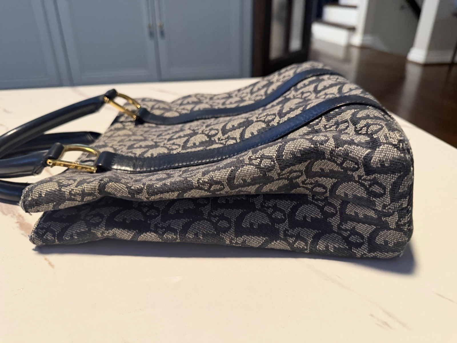 Dior vintage mongram Navy Patterned Tote Bag with Dark Blue Accents