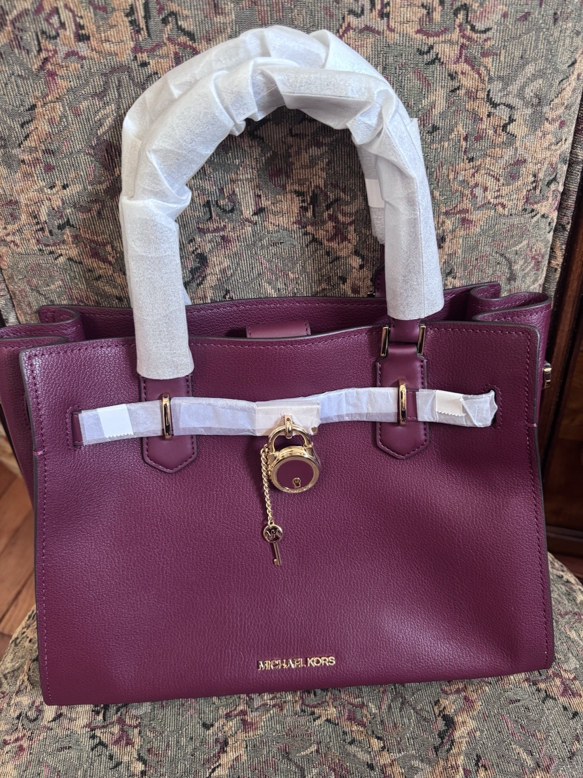Michael Kors Hamilton Medium Satchel Dark Cherry Gold Hardware Zip Strap
