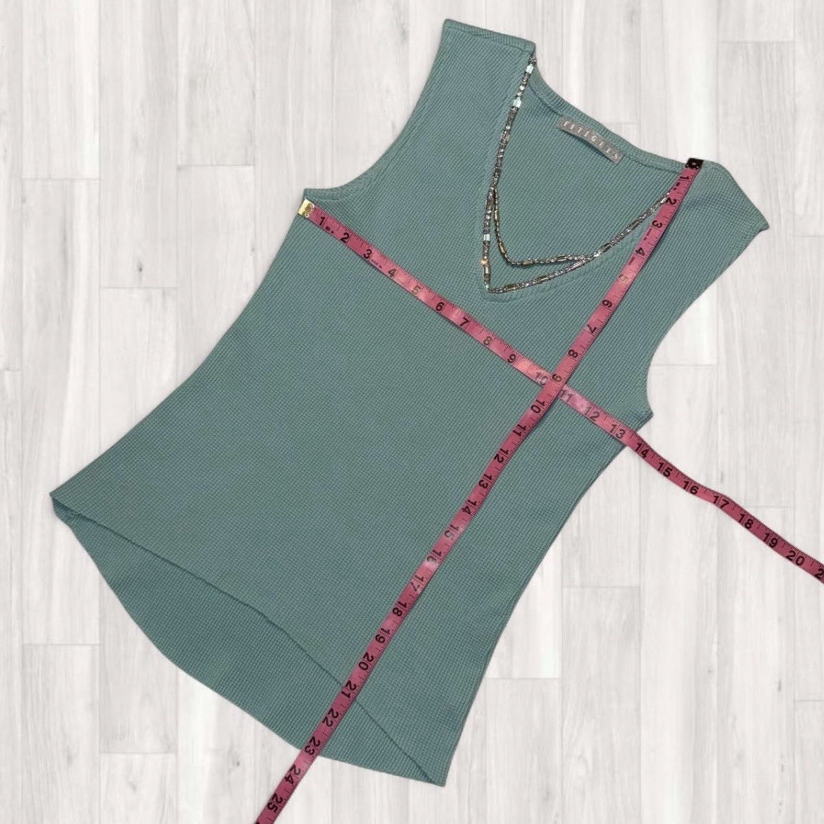Fitigues Green Beaded V-Neck Waffle Knit Cotton Sleeveless Tank Top Women’s S
