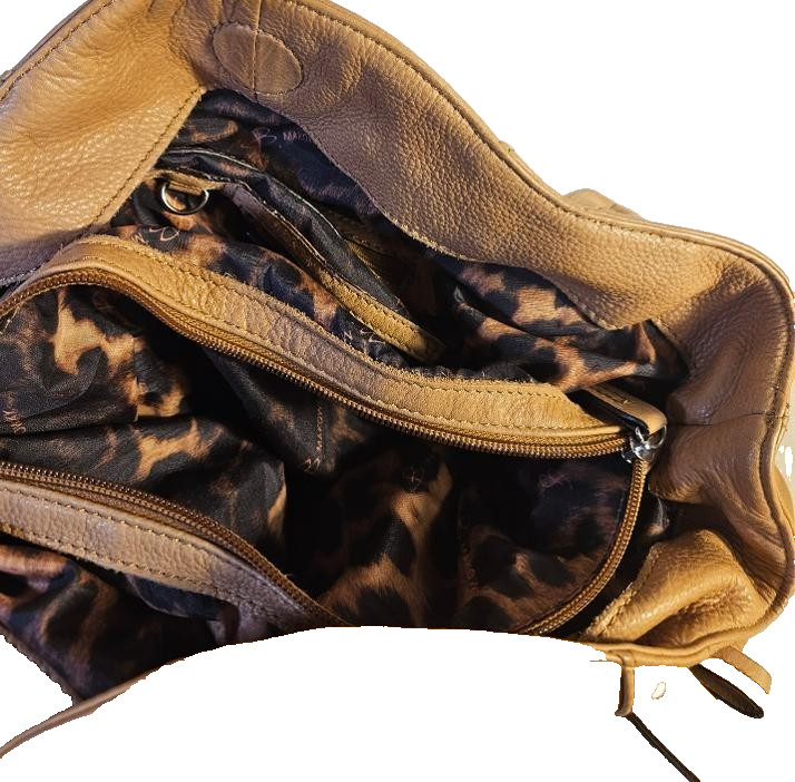 B. Makowsky Tan Pebbled Leather Hobo Shoulder Bag Drawstring Leopard Lining