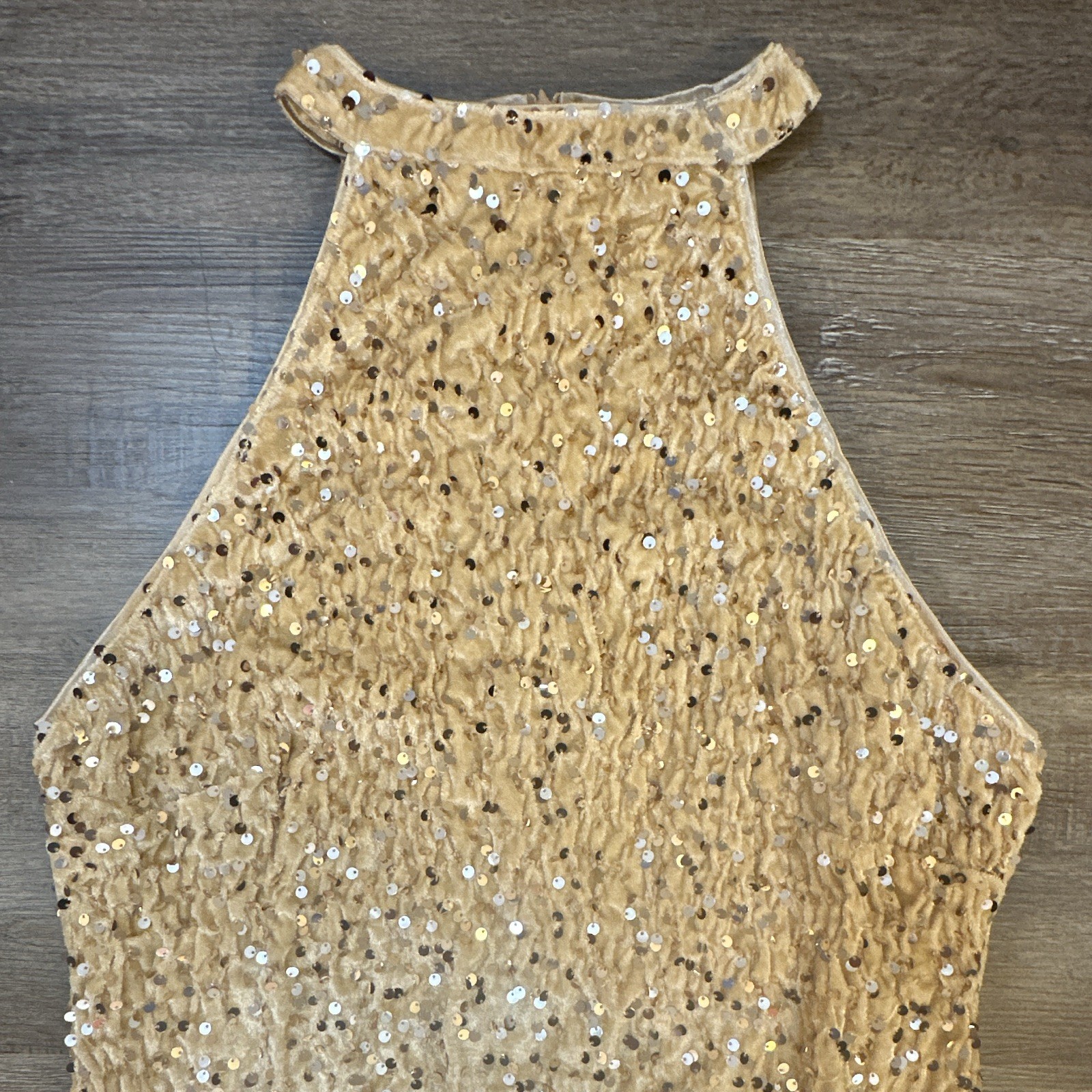 Womens Gold Sequin Halter Neck Bodycon Mini Dress Lined Stretch Zip Back XL