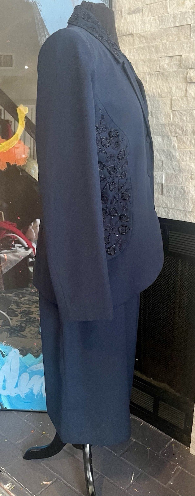 Morgan Miller Navy Blue Black Beaded Detail Skirt Suit Set Special Size 16