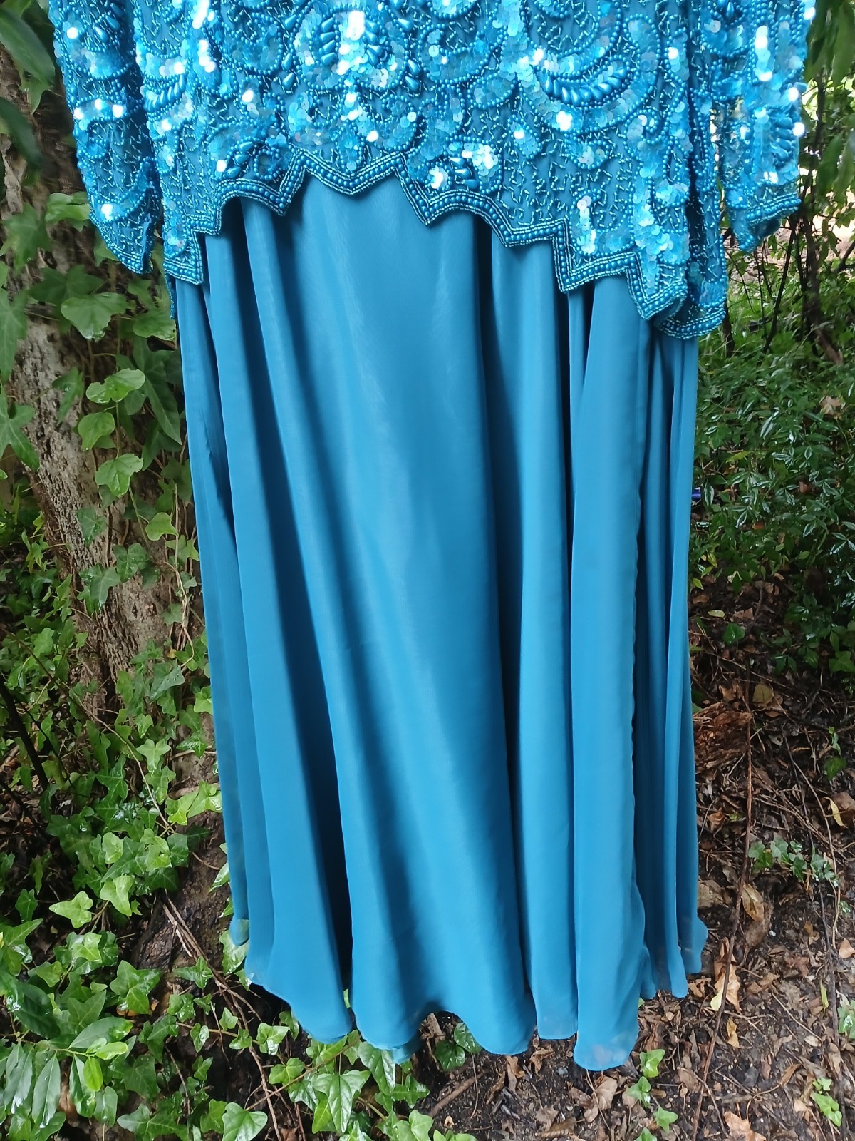 90s Blue Beaded Maxi Dress Ballgown Size Med Prom Vintage Med Turquoise Mermaid
