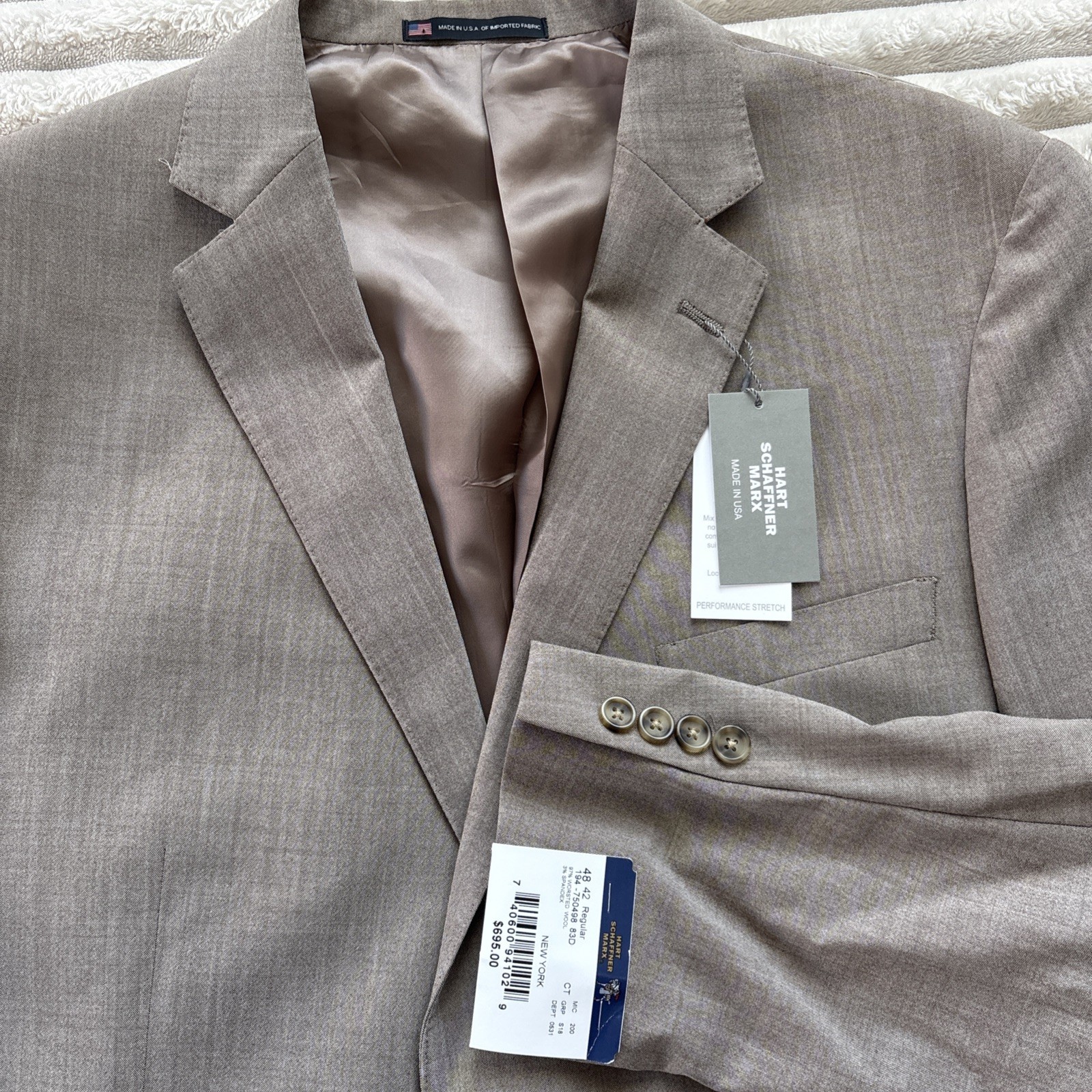 NEW Hart Schaffner Marx Wool Suit Mens 48R 42W Tan Worsted Wool Uncut Pants READ
