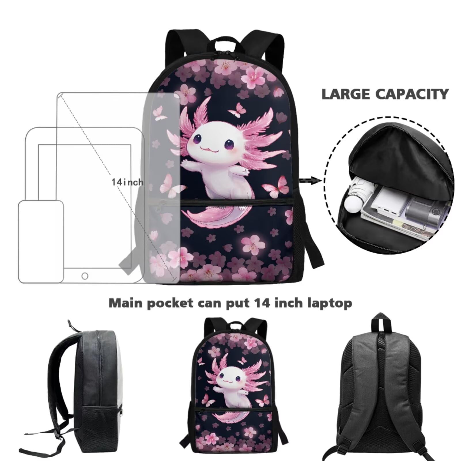 Axolotl Backpack 17.3″ Height School Bag Set 3PCS with Lunch Box & Pencil Case