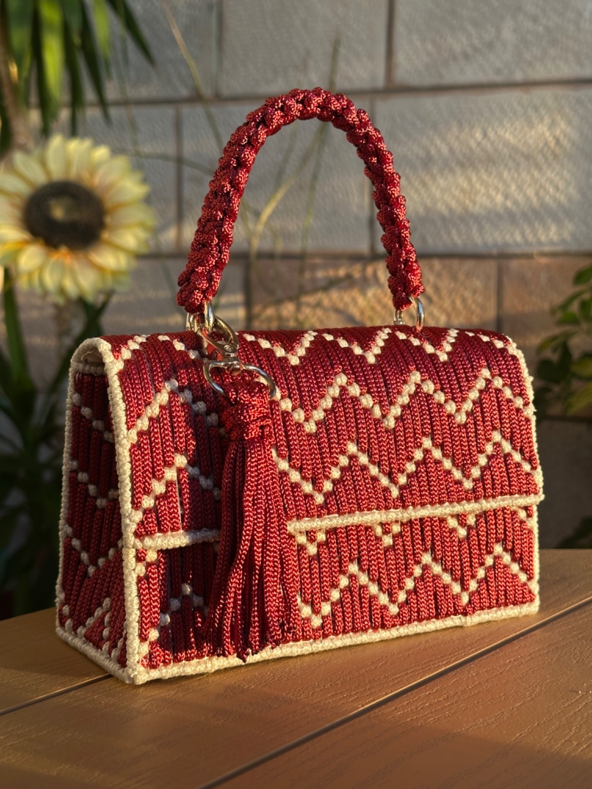 Handmade Macrame Handbag Burgundy & Cream | Artisan Woven Purse | One of a Kind