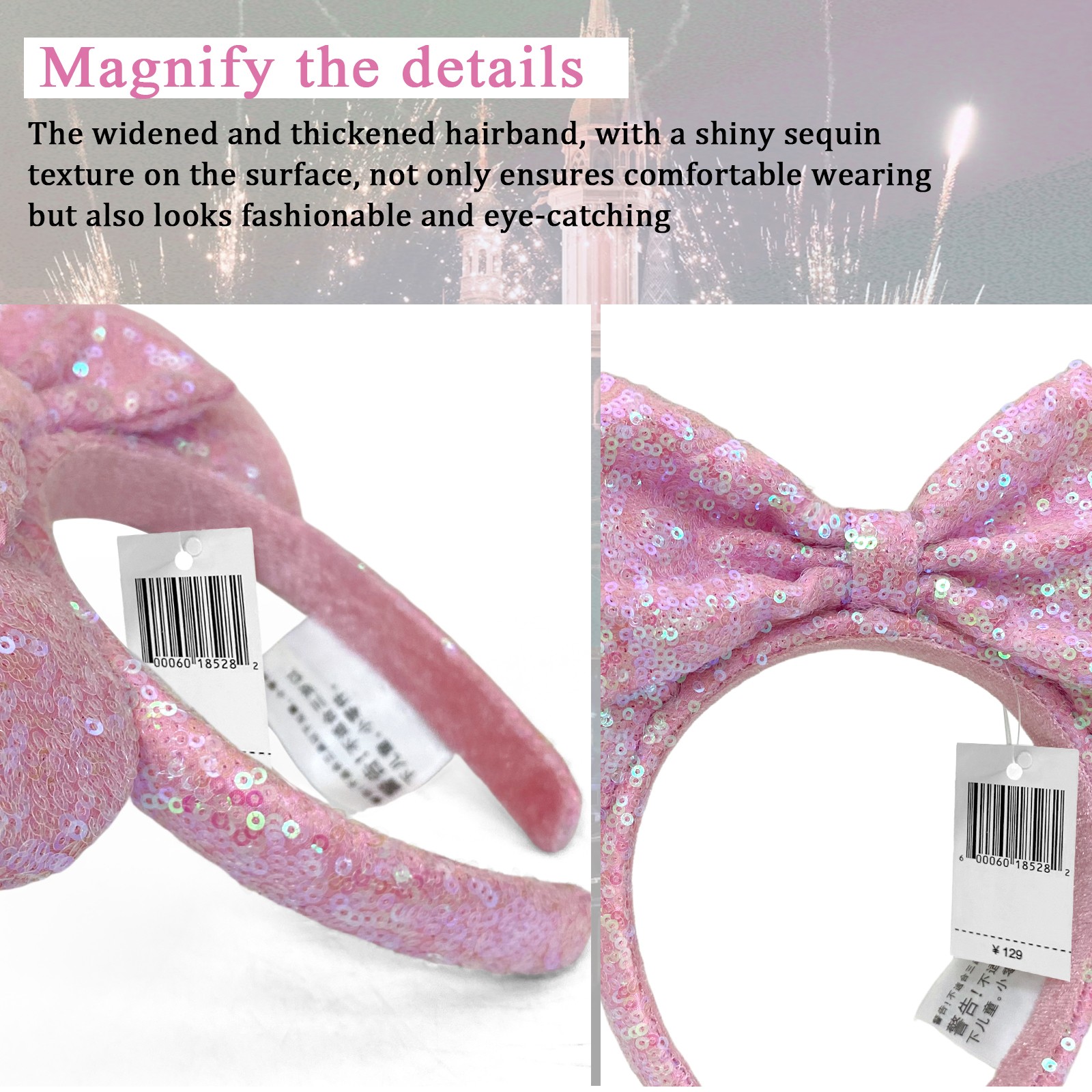 Disney` Park Tokyo Aurora Light Pink Sequin Headband Minnie Ears 2024 Disneyland