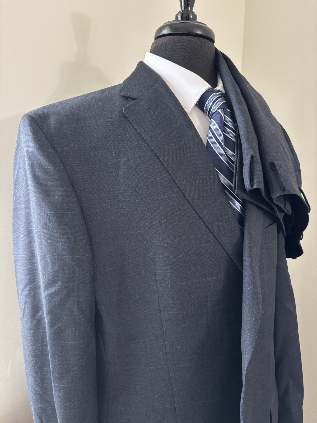 Ralph Lauren Suit Mens 48R 40×29 Blue Plaid Wool 2 Piece Jacket Pants VTG Navy