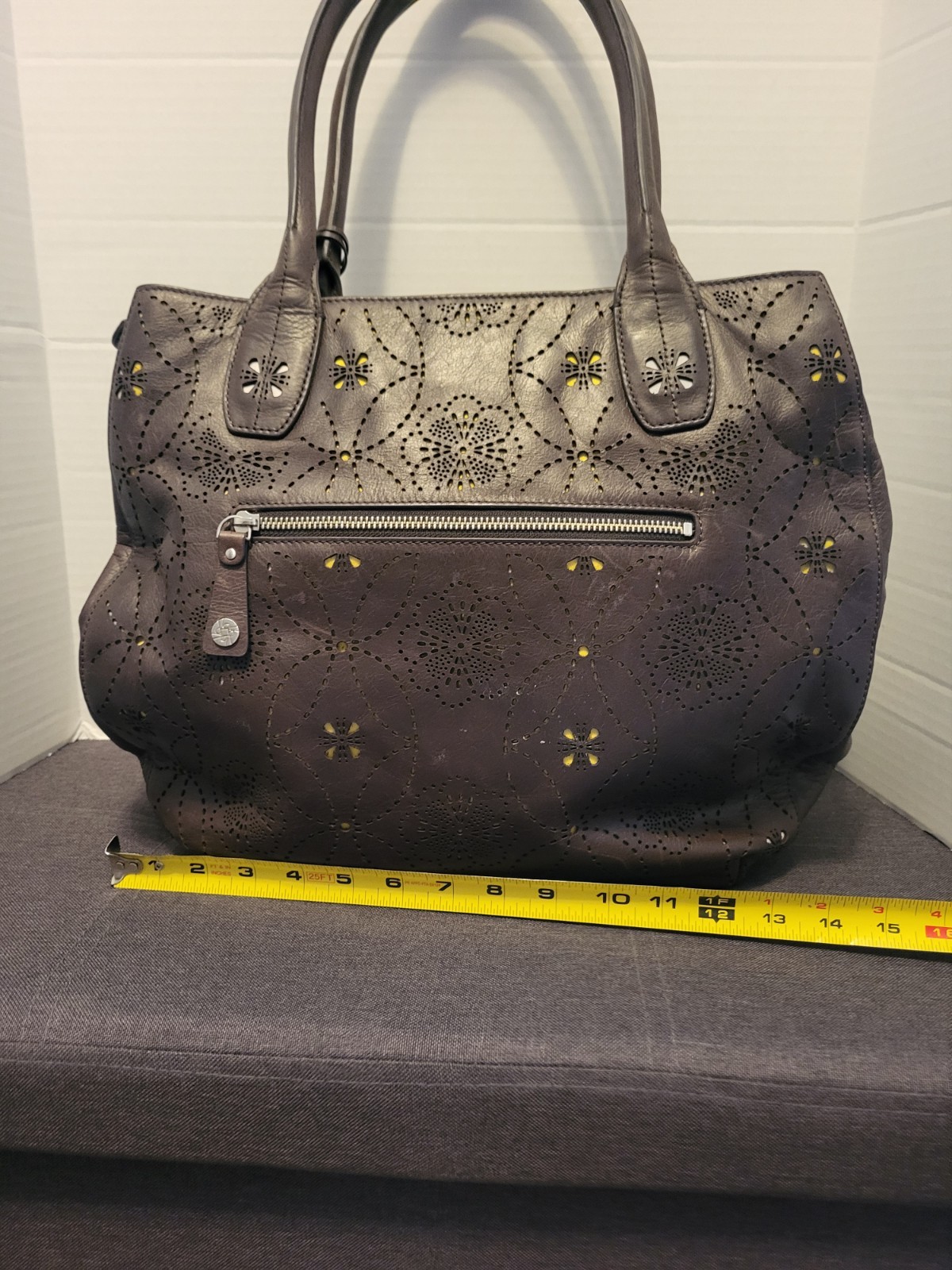 Petunia Pickle Bottom Brown Leather And Sepia Tote Handbag Purse Cutout Floral
