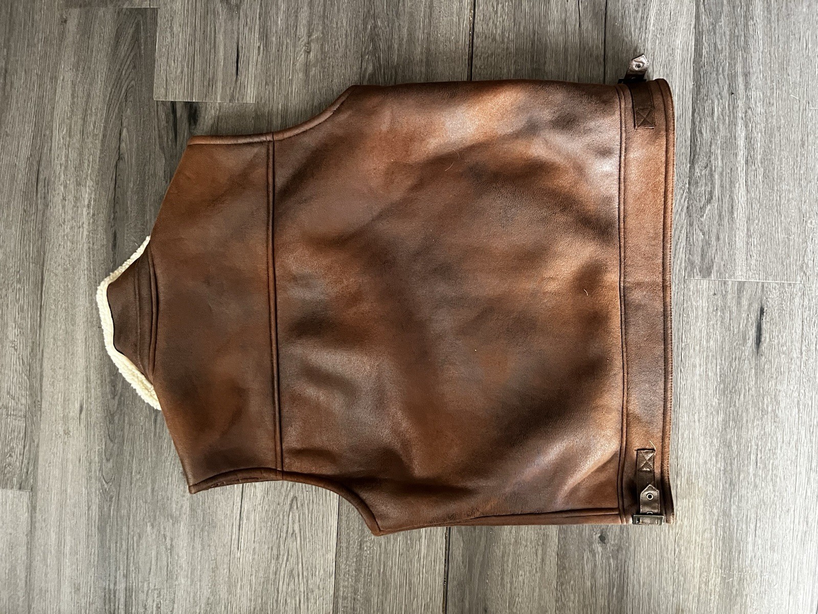 Men’s Brown Leather Zip Front Biker Riding Vest Band Collar Pockets L 44″