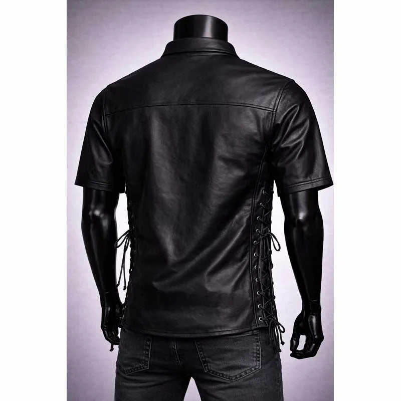 Mens Genuine Leather Lace Up Snap Button Biker Shirt