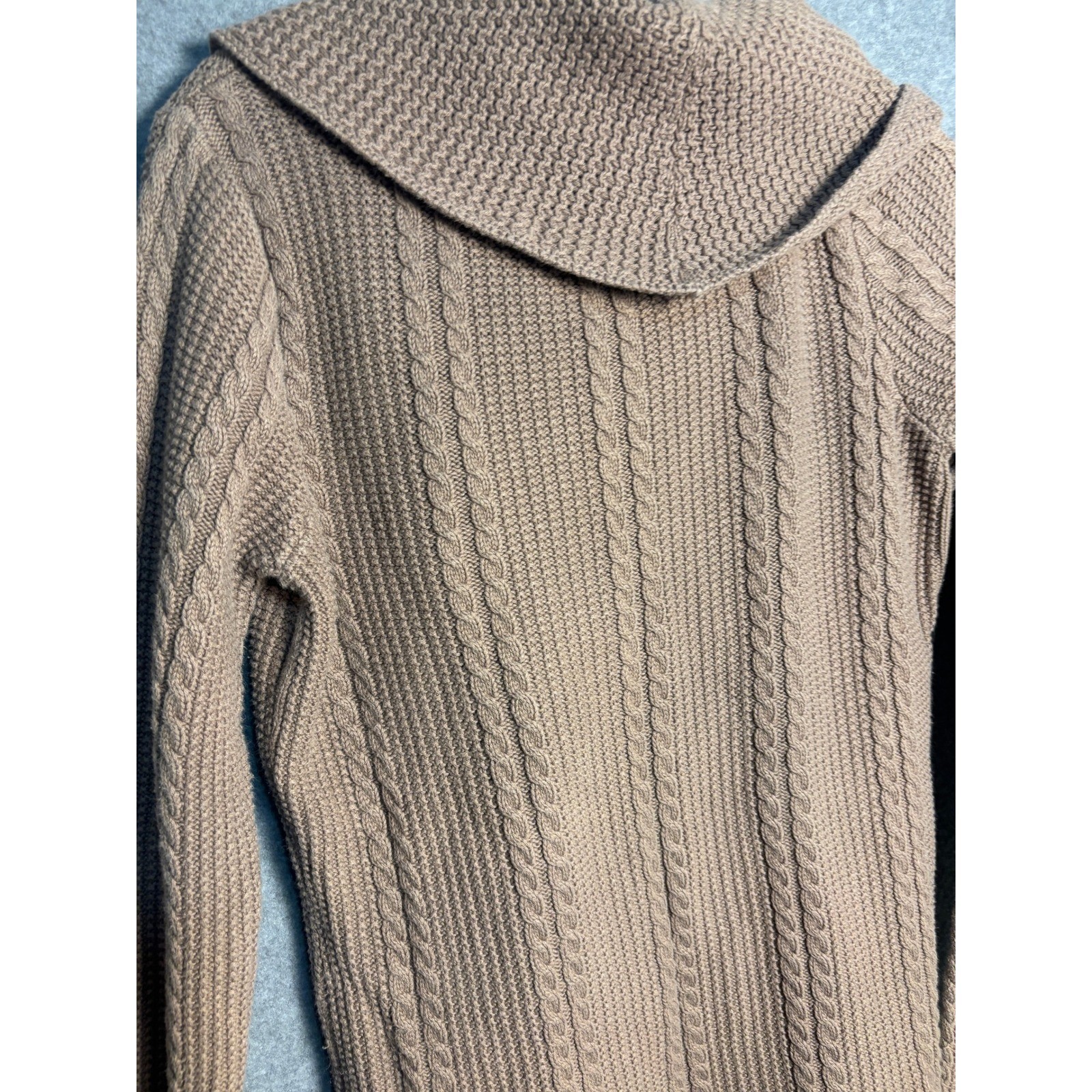 Jeanne Pierre Cable Knit Cowl Neck Sweater Tan Cotton Cozy Cottagecore