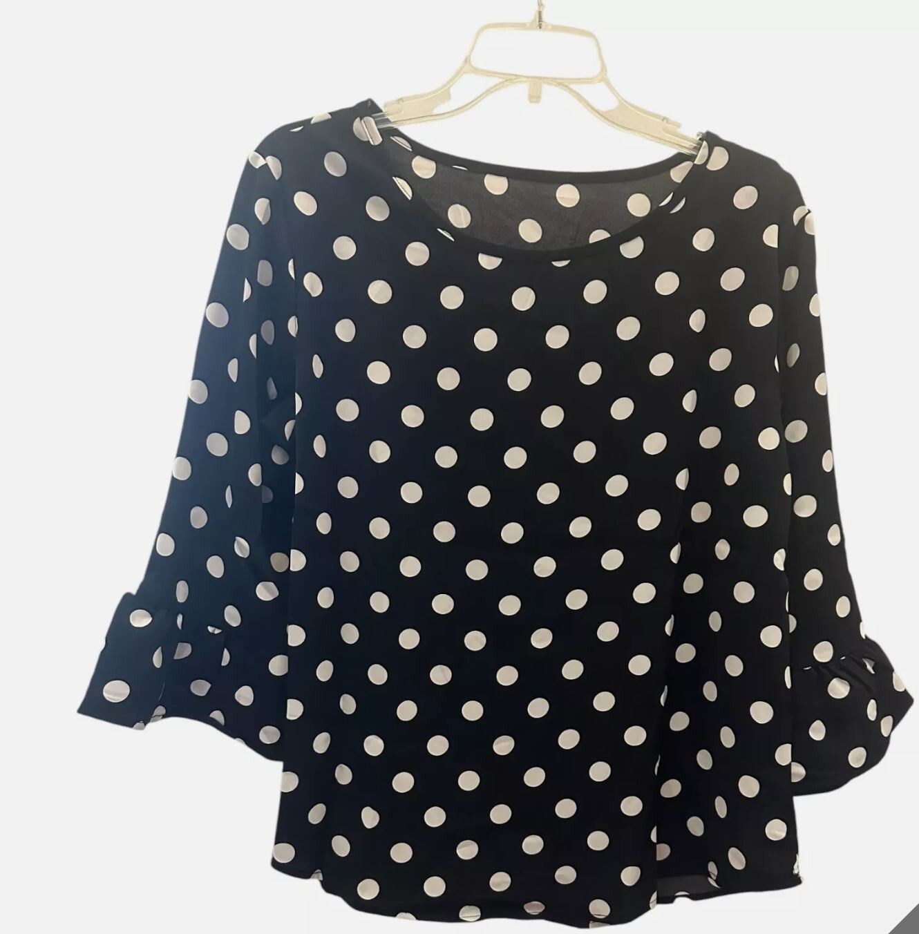 NWT Classic Black and White Polka Dot Bell Sleeve Blouse Sizes M, L, XL