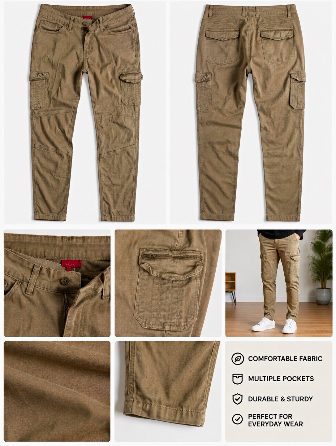 TACURA Men’s Beige Cotton Canvas Cargo Pants Slim Tapered Waist 32 Pockets
