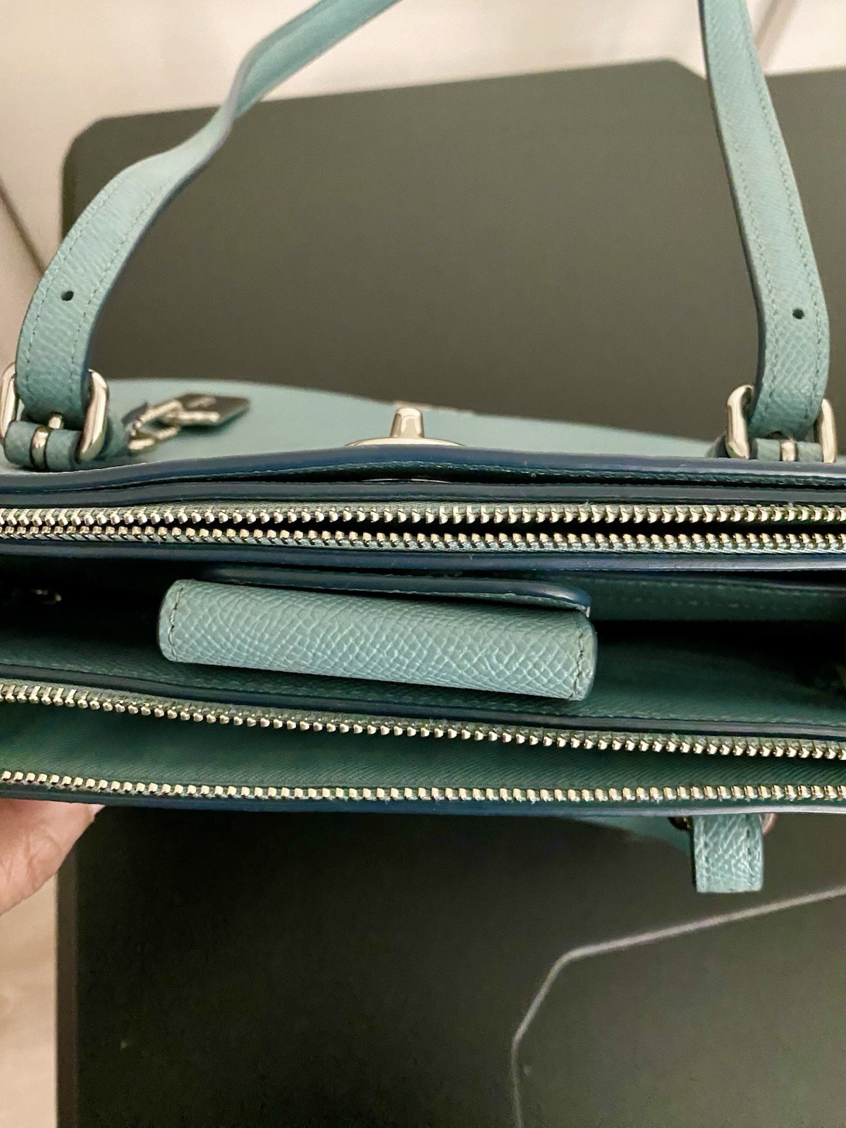 Coach Blue Pebbled Satchel Handle w/ Detachable Strap, Zip Turn Lock Carryall 29