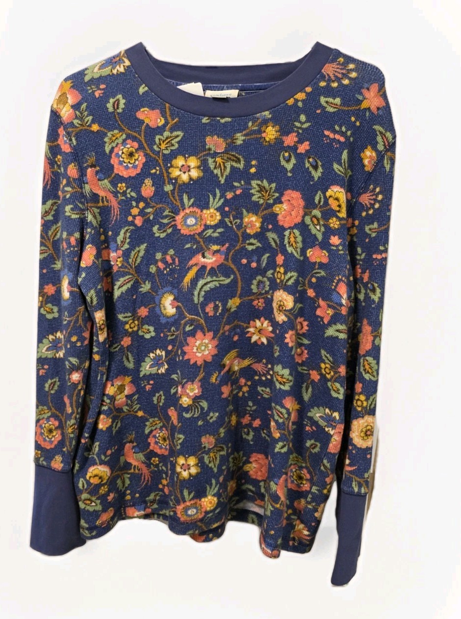 SUNDANCE Thermal Waffle Knit Long Sleeve Shirt Top Blue Cuff Details Sz XXL Euc