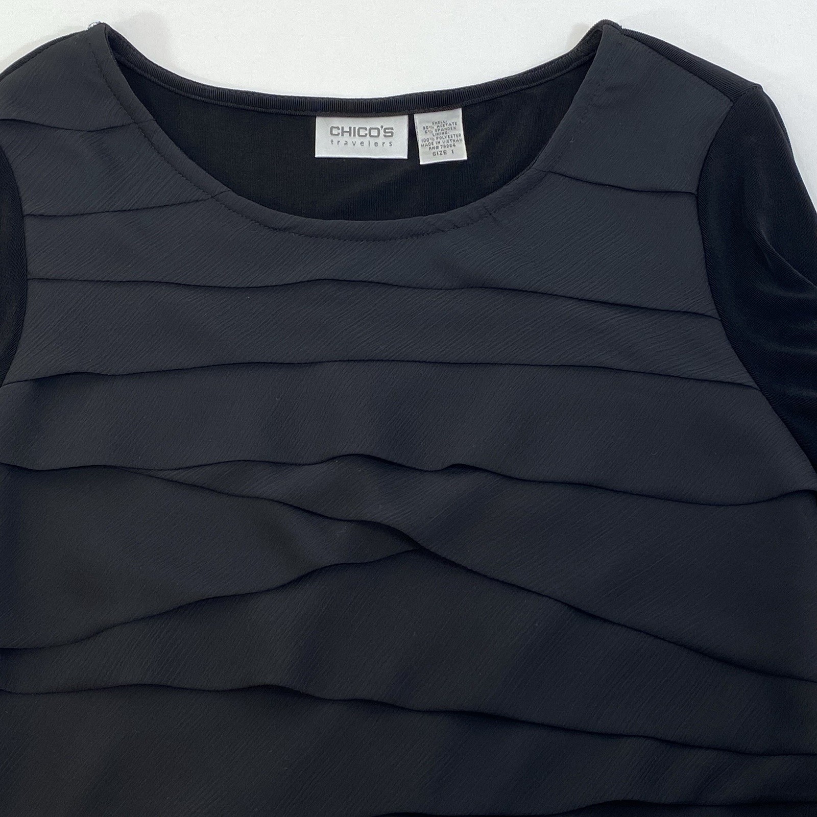 Chicos Travelers Size 1 Top Black Chiffon Layer Ruffle Front Scoop Neck Women M
