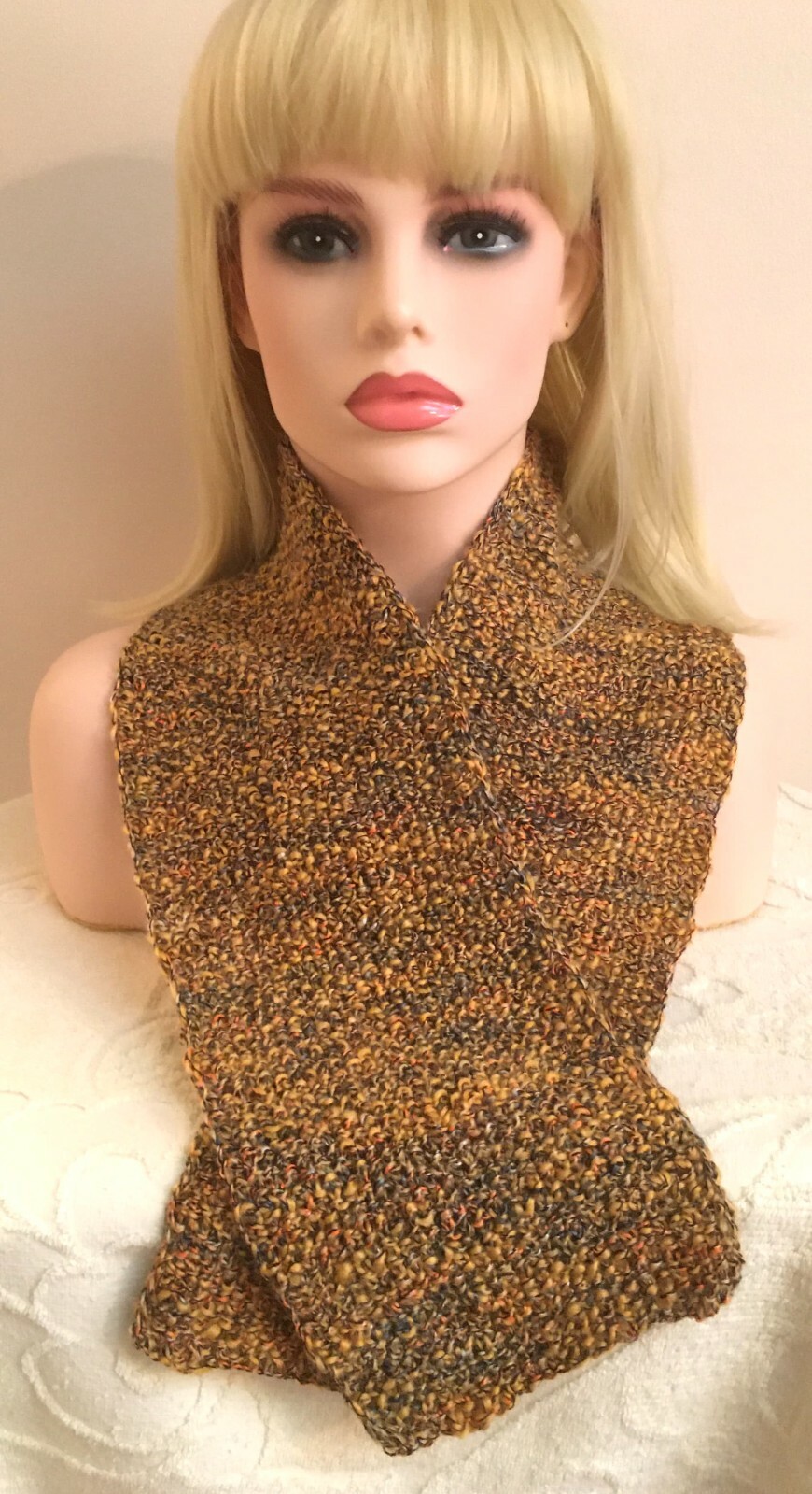 YELLOW BROWN SCARF NECK WARMER WINTER FALL NEW HAND KNITTED ENGLAND WOOL MOHAIR