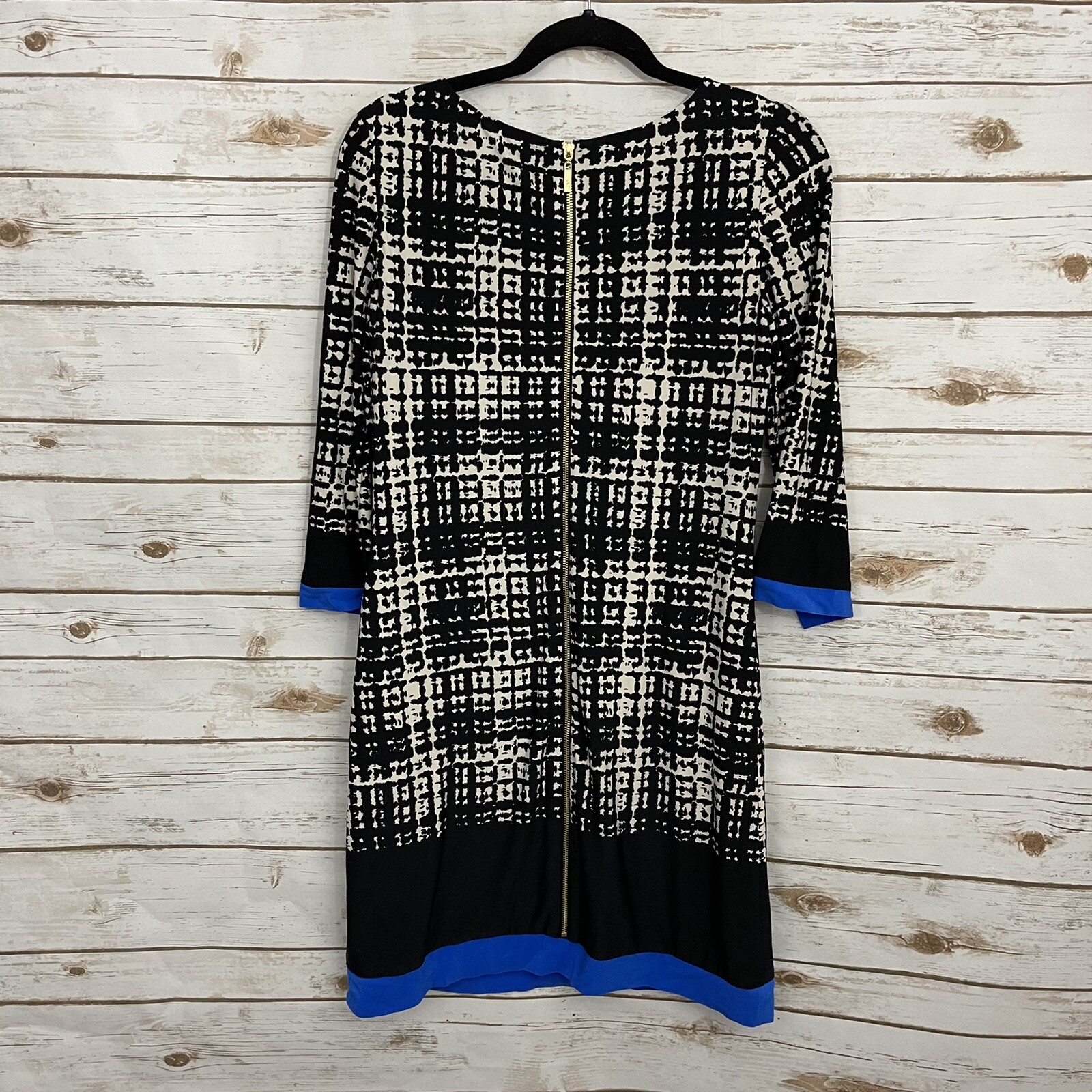 Eliza J Black White Grid Blue Trim 3/4 Sleeve Career Shift Dress Size 6 Zipper