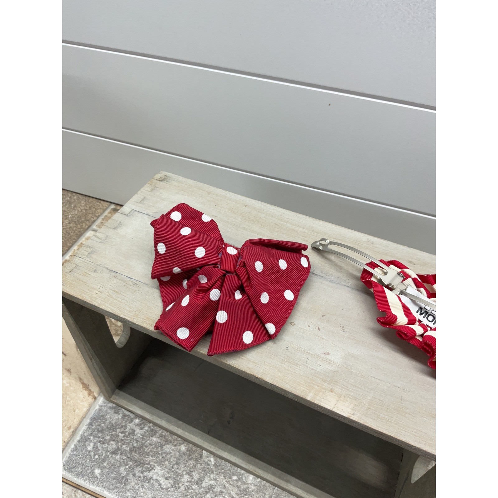 Debra Moises Red White Polka Dot Striped Grosgrain Ribbon Hair Barrette Set 2pc