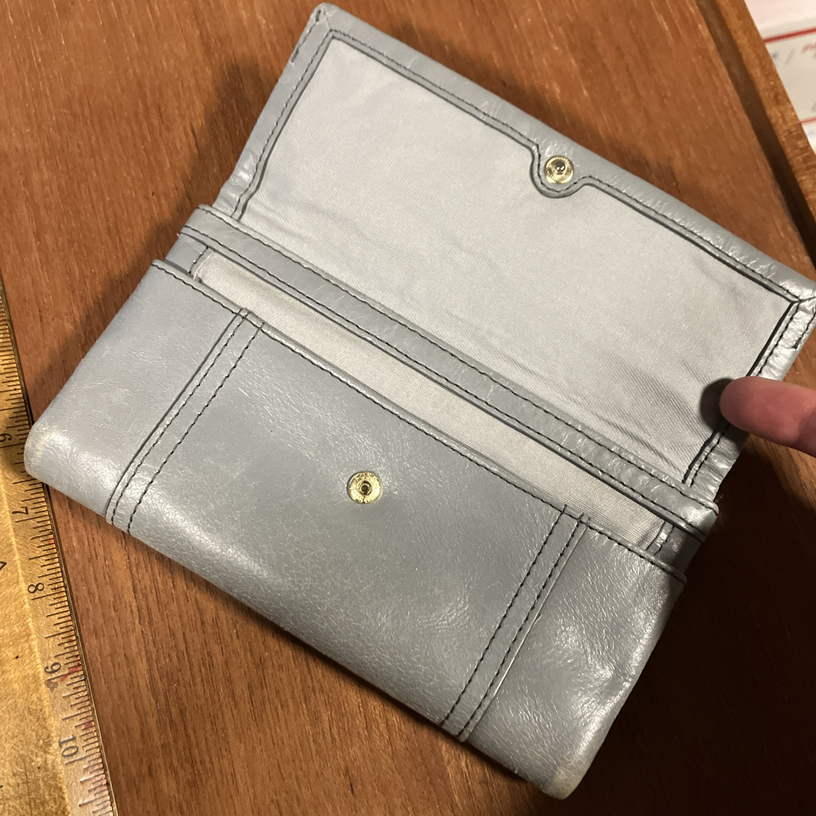 Fossil Ellis Clutch Wallet Snap Button Closure w/ Zipper Bifold, Blue Grey