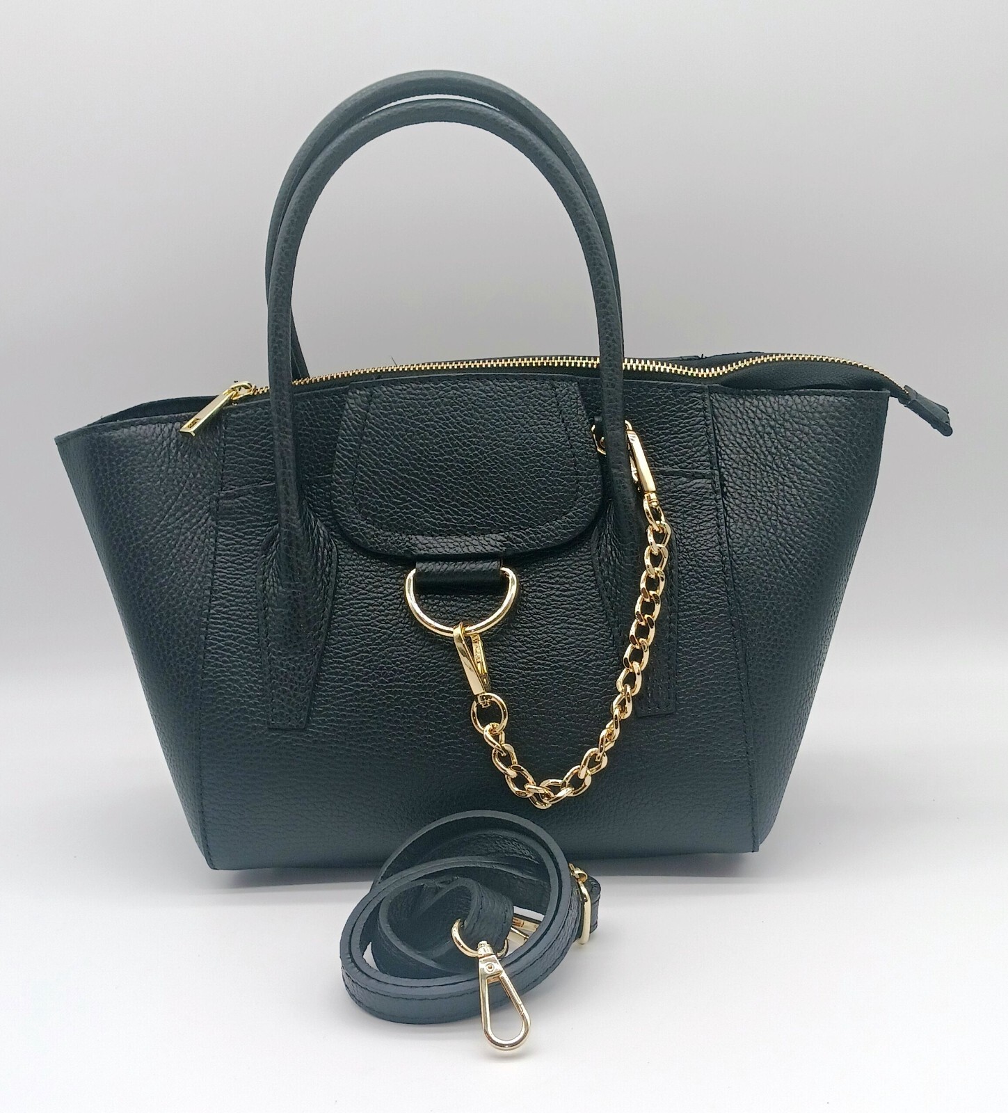 Italian Black Genuine Pebble Leather Satchel Shoulder Handbag – Made In Italy