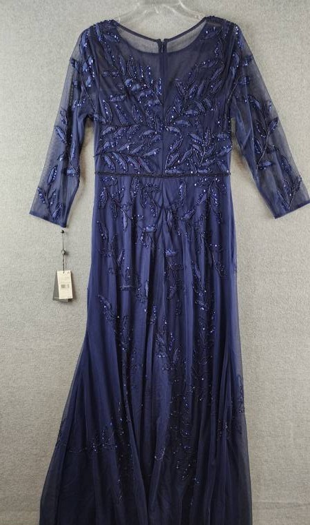 Adrianna Papell Long Sleeve Fully Beaded Mob Column Gown Women’s 10 Blue