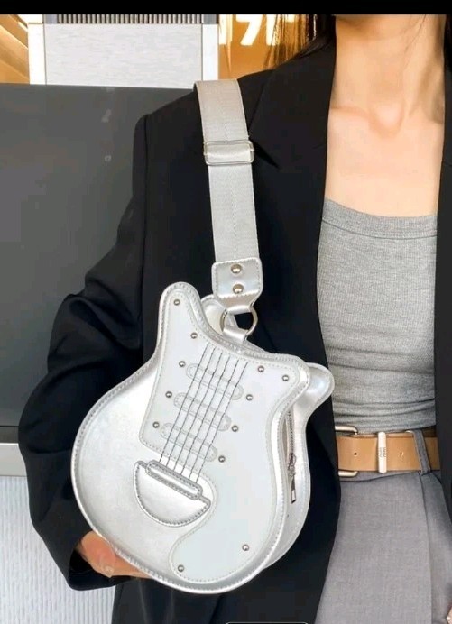 Music Lovers Trendy Guitar C/ B Bag, Fun For All Ages Silver & White Faux Leathe