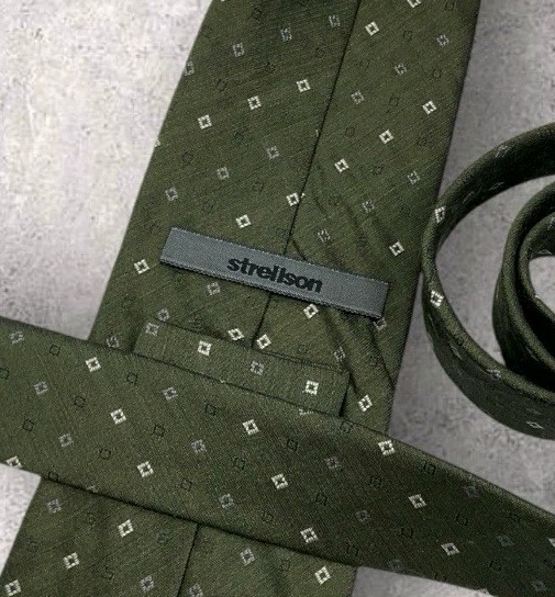 STRELLSON Silk Tie ITALY Green Gray White Geometric W:3.5″ EUC
