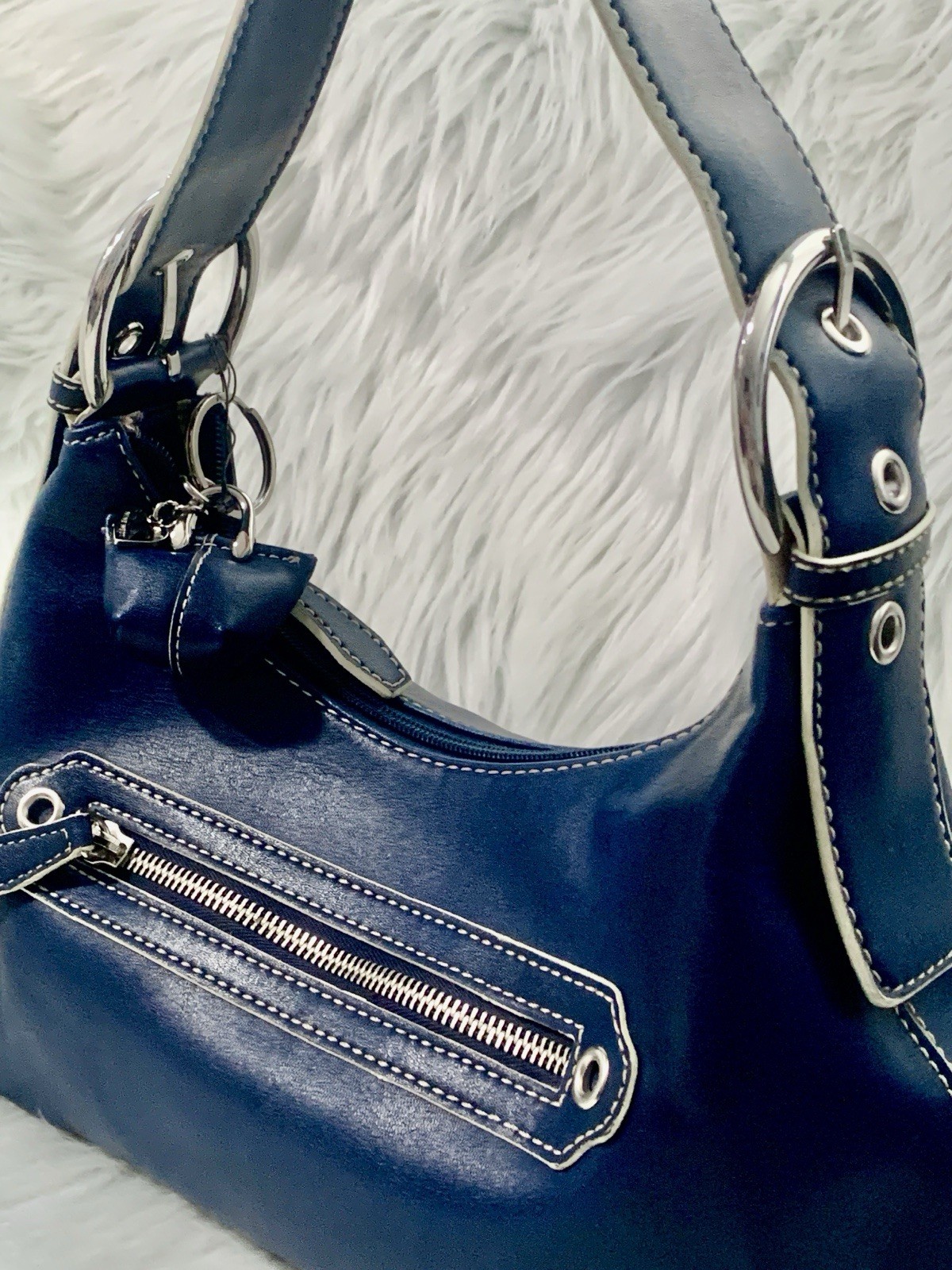 Nine West Blue Crescent Shoulder Bag Zip Closure Inner Pockets Silver Hardware
