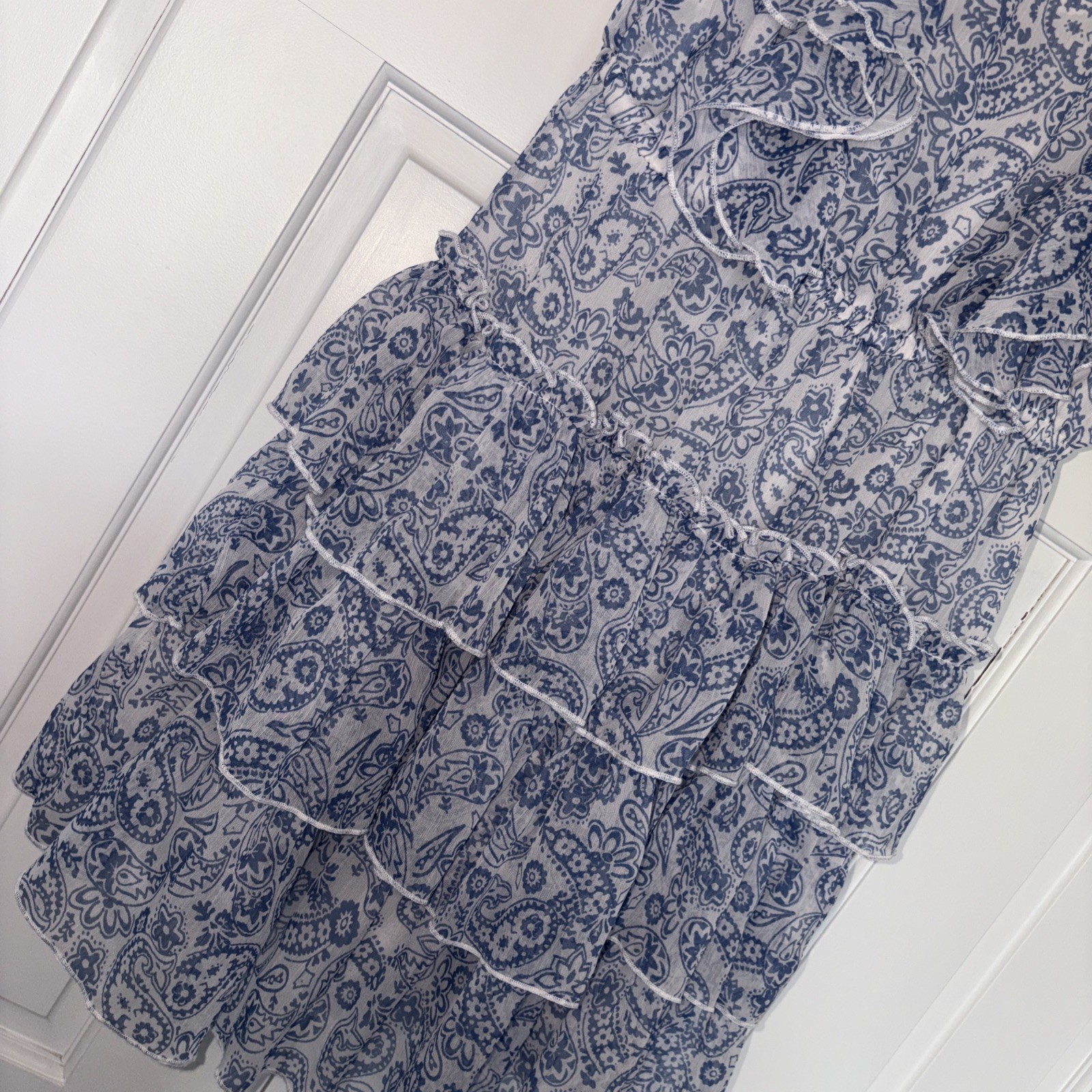 Accessorize London Blue & White Paisley Ruffle Tiered Mini Dress UK M 12-14