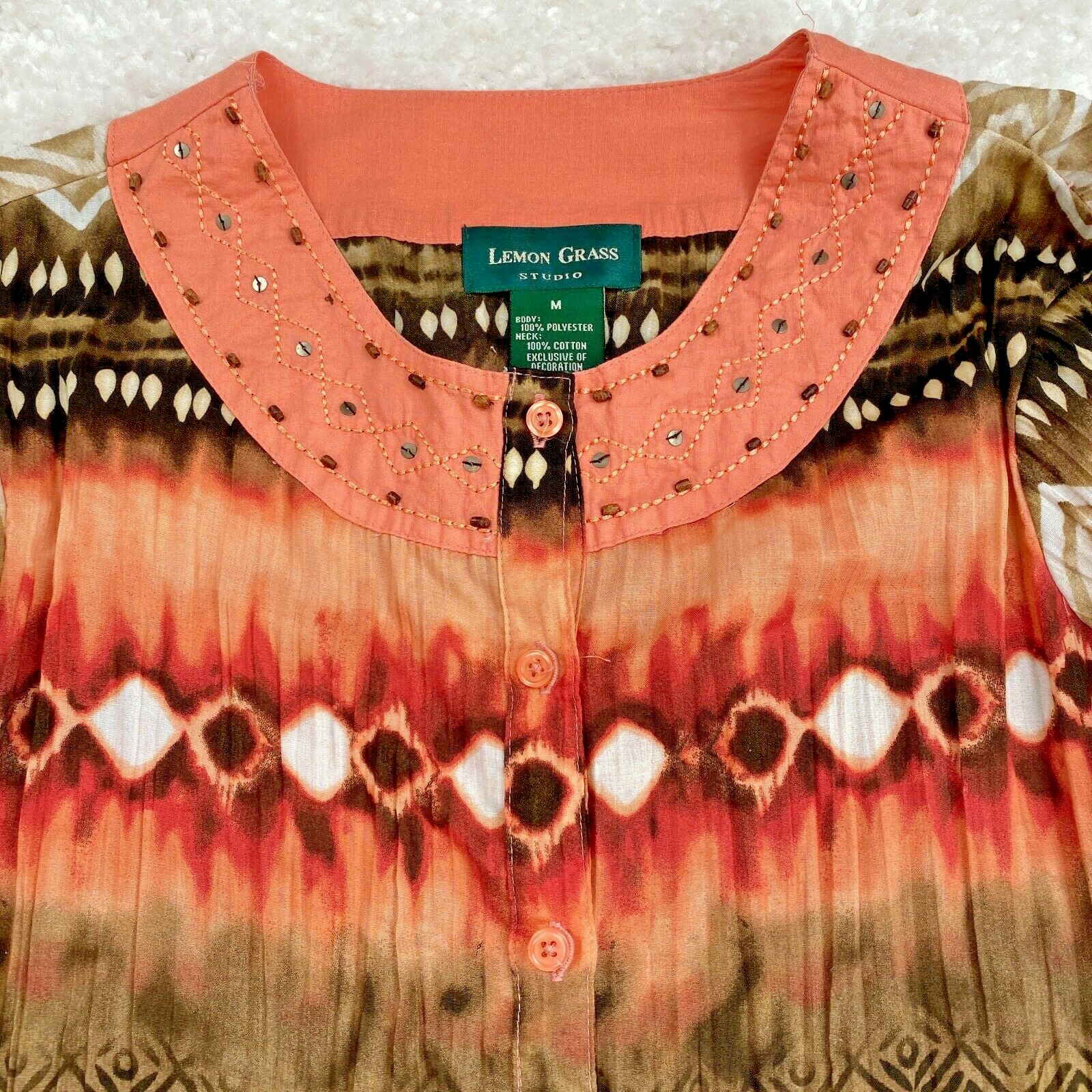 Lemon Grass Womens Blouse Sz M Peach Brown Button Up Beaded Neck 3/4 Sleeve Boho