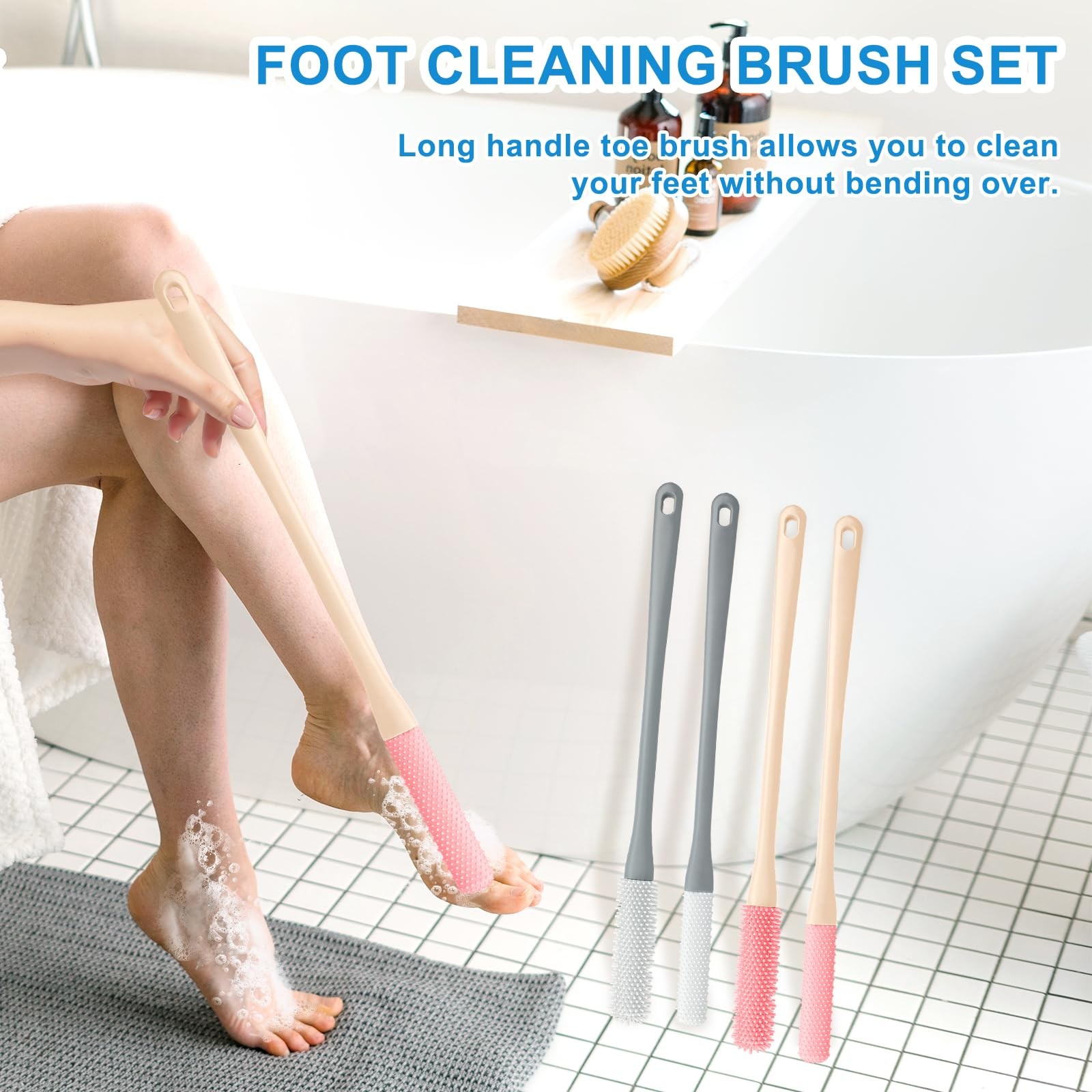 4 Pack Toe Cleaning Brush, 15.7” Long Handled Silicone Foot Grey+pink