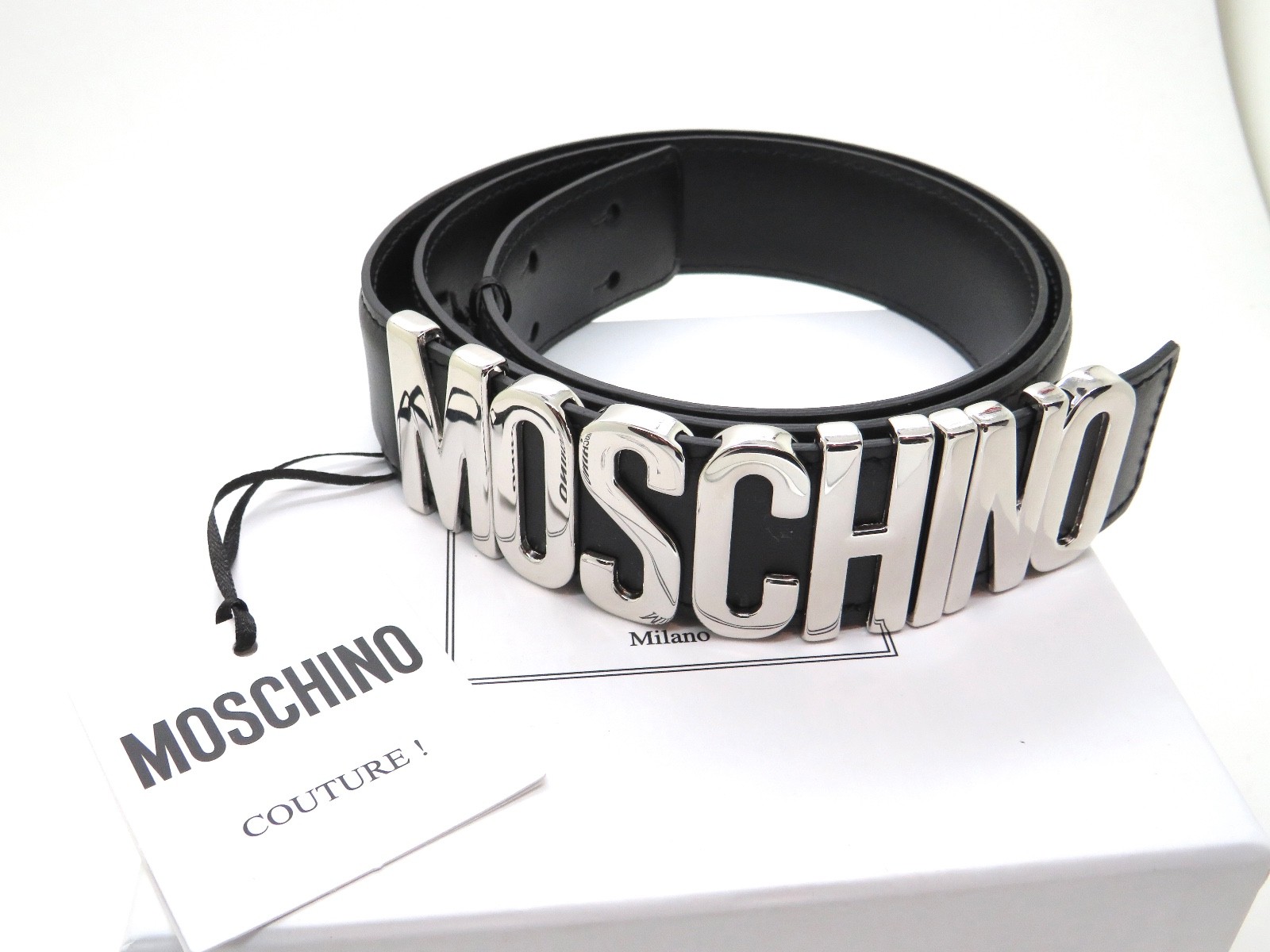 MOSCHINO Belt Classic Black Leather w/ SILVER Letters 8007-8001-3555 Sz. 40/80cm